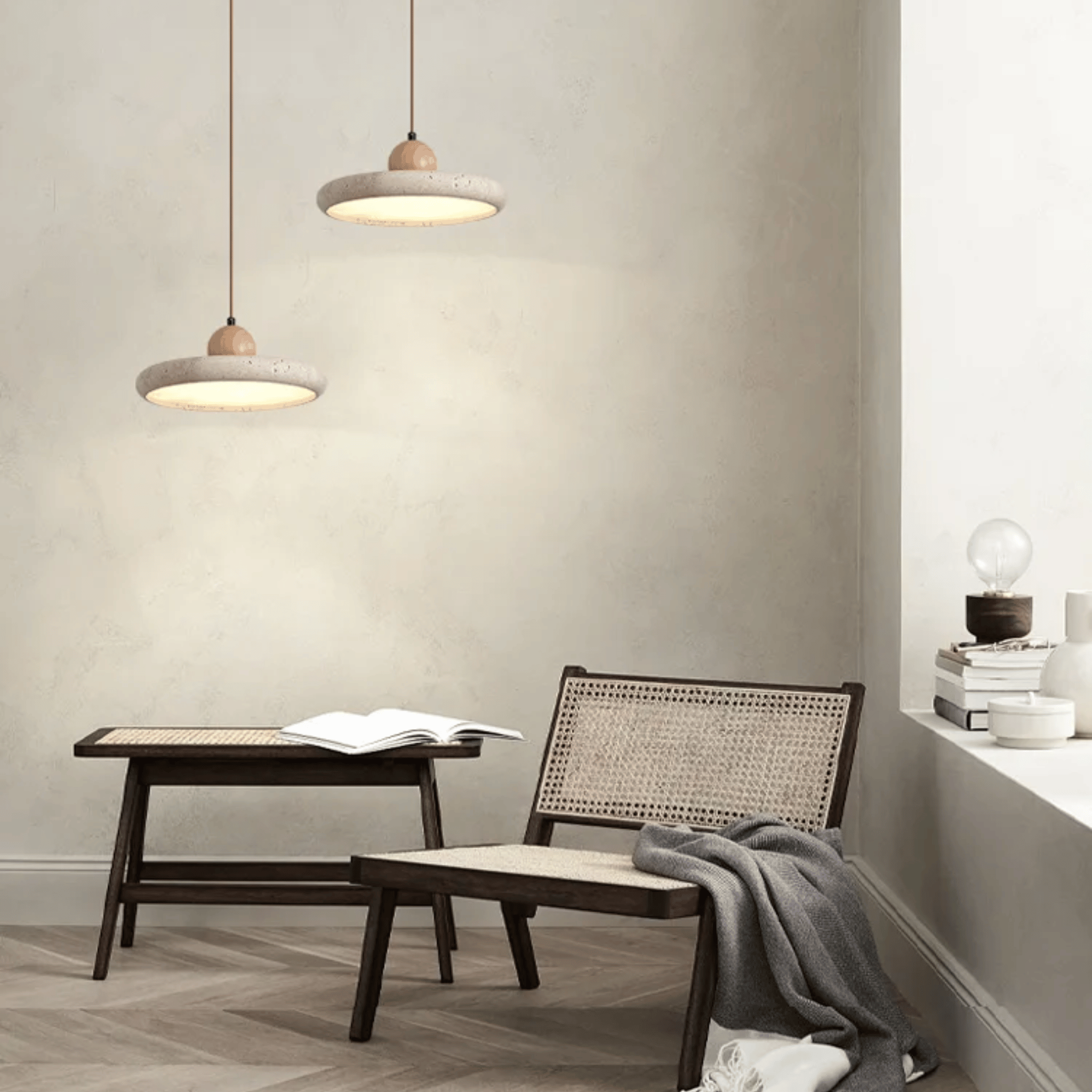 Natural Travertine Wood Pendant Light Wabi-Sabi, Ceiling Fixtures, Steiva Stone