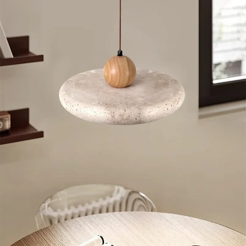 Natural Travertine Wood Pendant Light Wabi-Sabi, Ceiling Fixtures, Steiva Stone