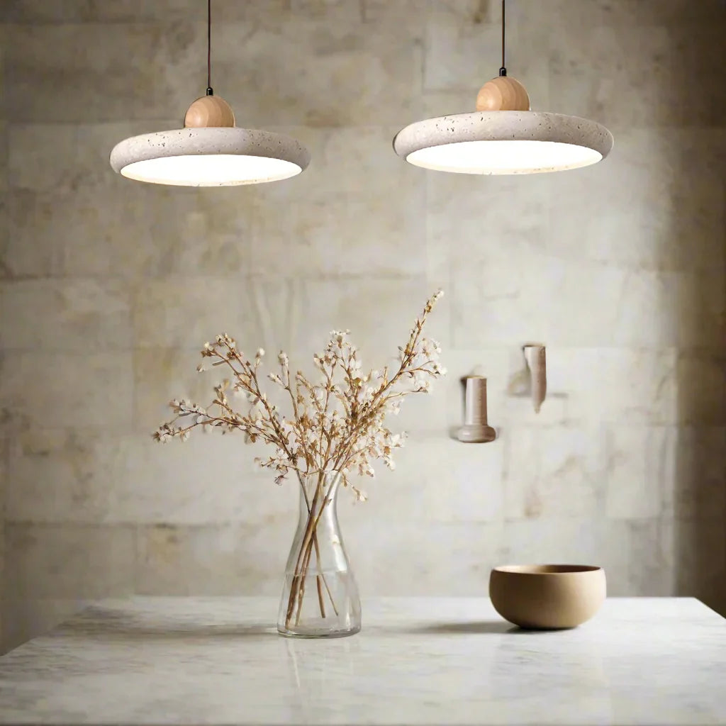 Natural Travertine Wood Pendant Light Wabi-Sabi, Ceiling Fixtures, Steiva Stone