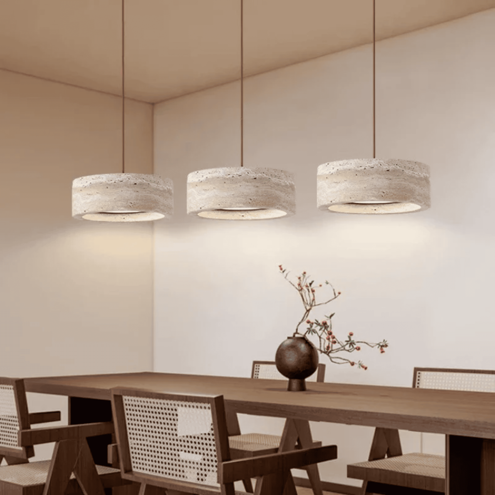 Genuine Travertine Stone Dimmable LED Pendant Light, Rounded Edge, Ceiling Fixtures, Stenglo