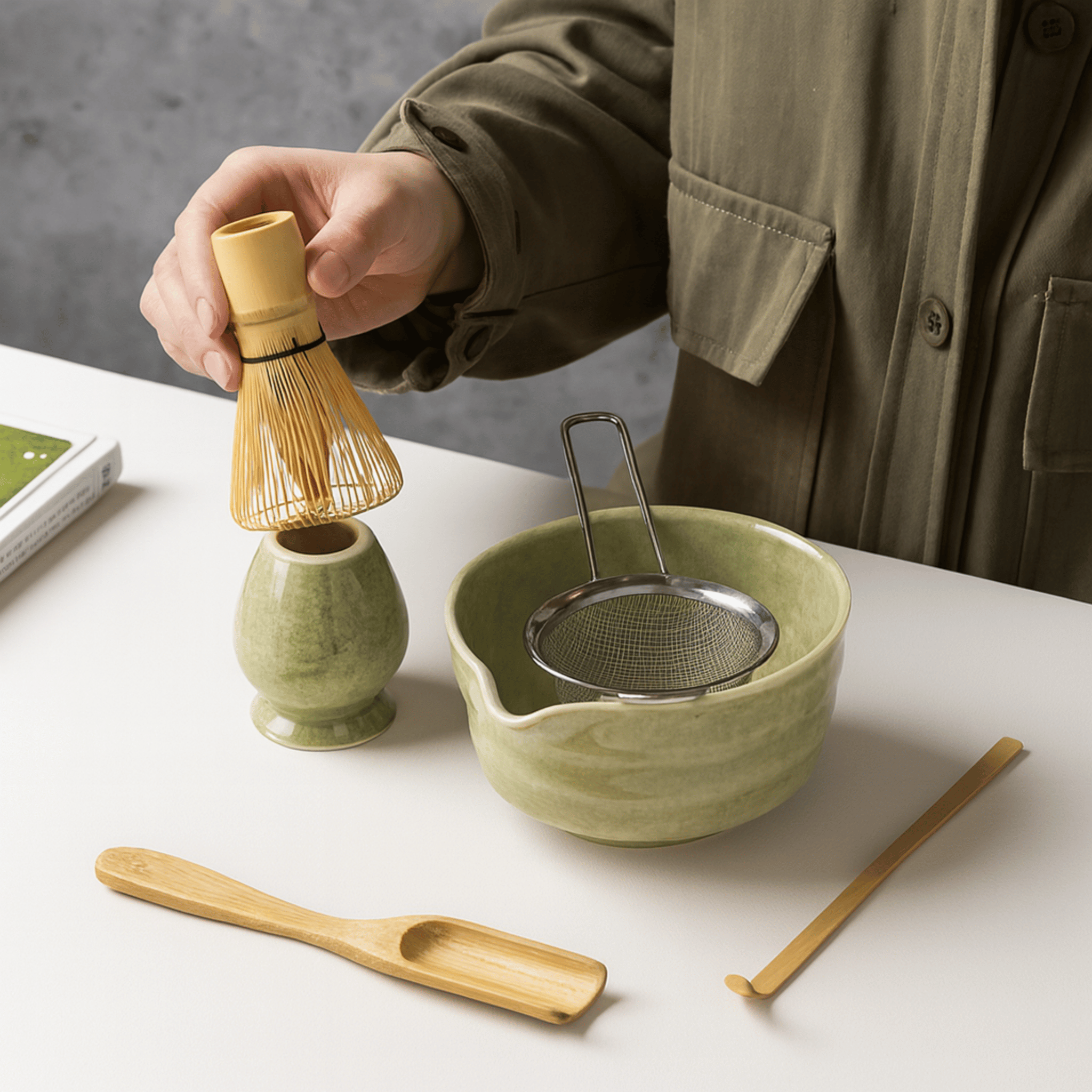 Traditional Japanese Matcha Set Bamboo Whisk Bowl, Tea Sets, Stille 6-Piece Ceramic