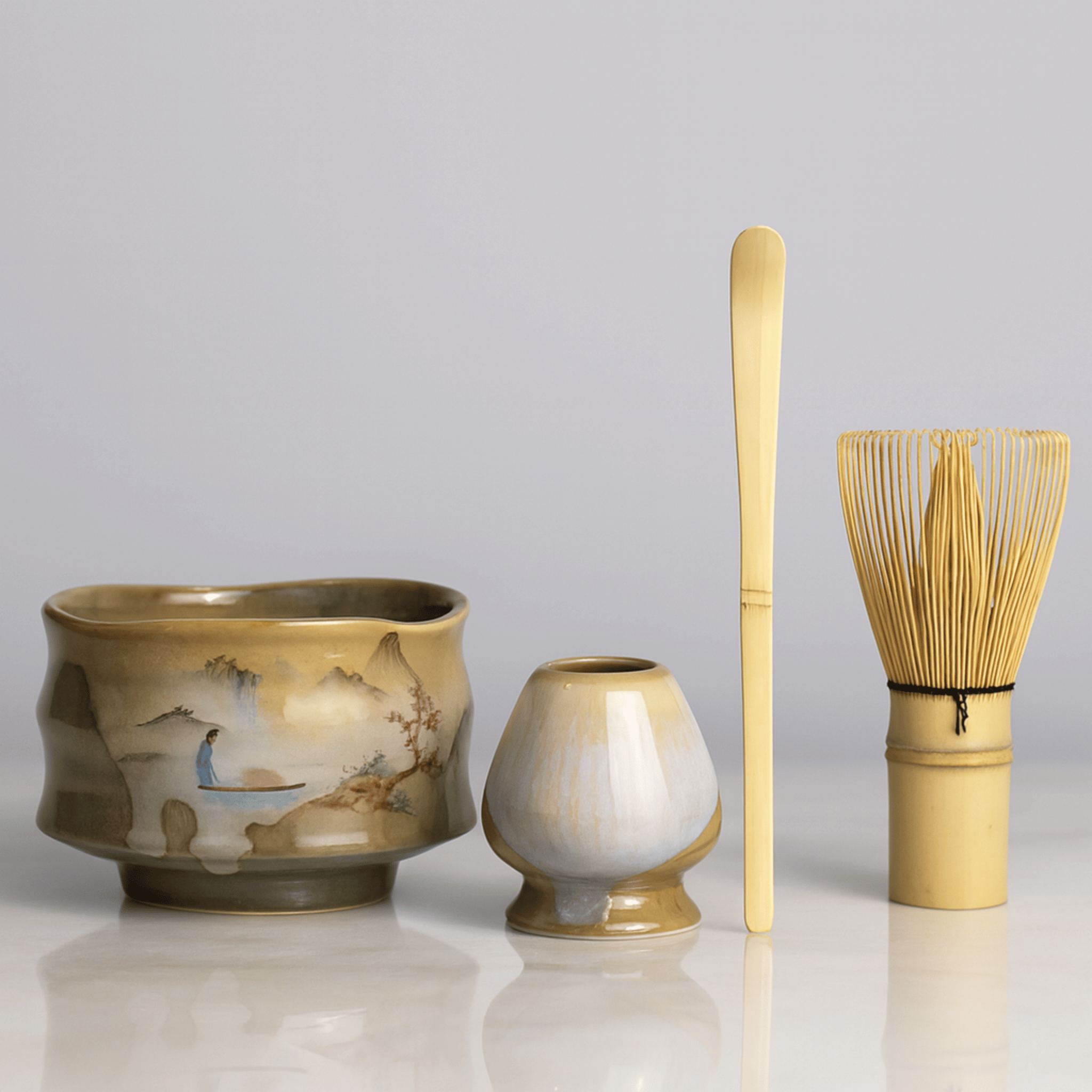 Stilva Ceramic Matcha Tea Set with Bamboo Whisk Gift, Khaki Glazed, Sets, Traditional 4-Piece