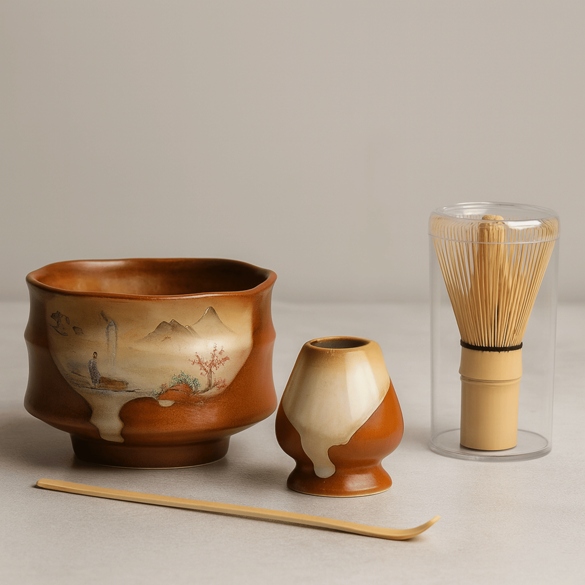 Stilva Ceramic Matcha Tea Set with Bamboo Whisk Gift, Rusty Glazed, Sets, Traditional 4-Piece