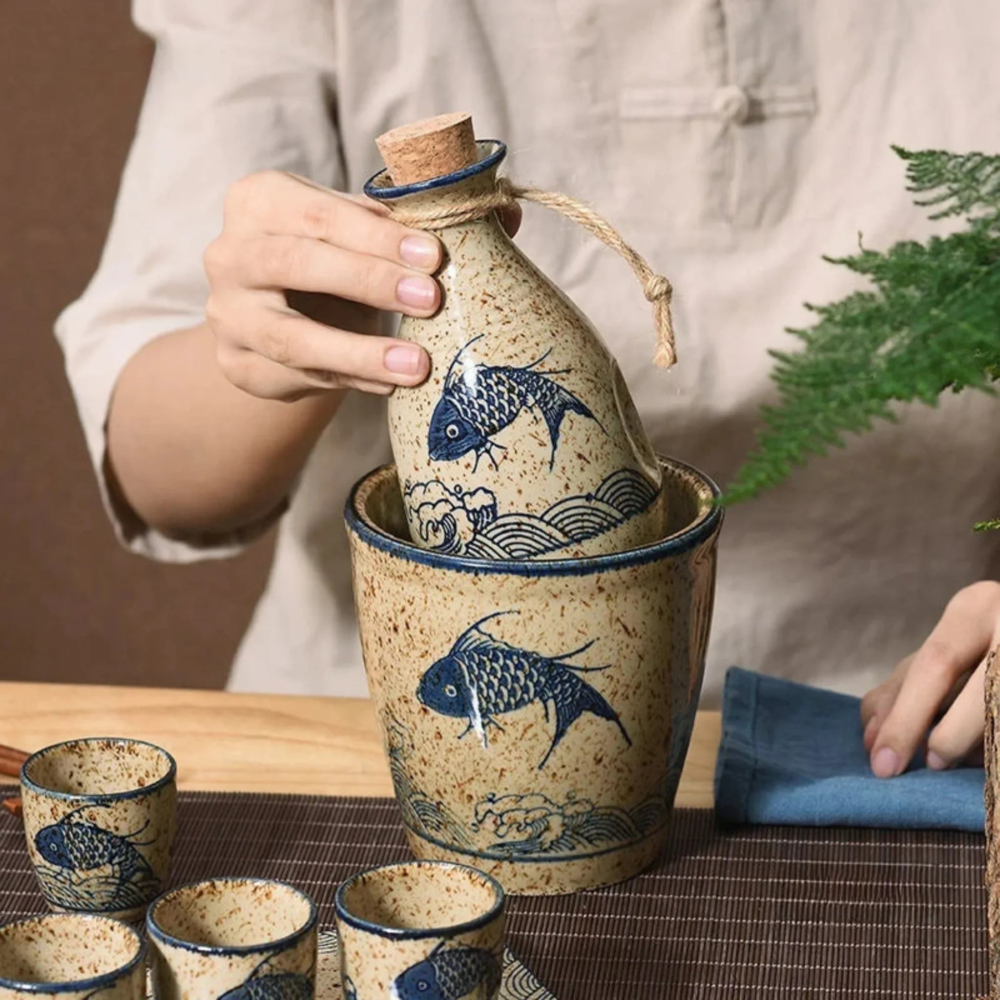 Torveld Ceramic Sake Set — Handmade Cup and Carafe, Drinkware Sets,