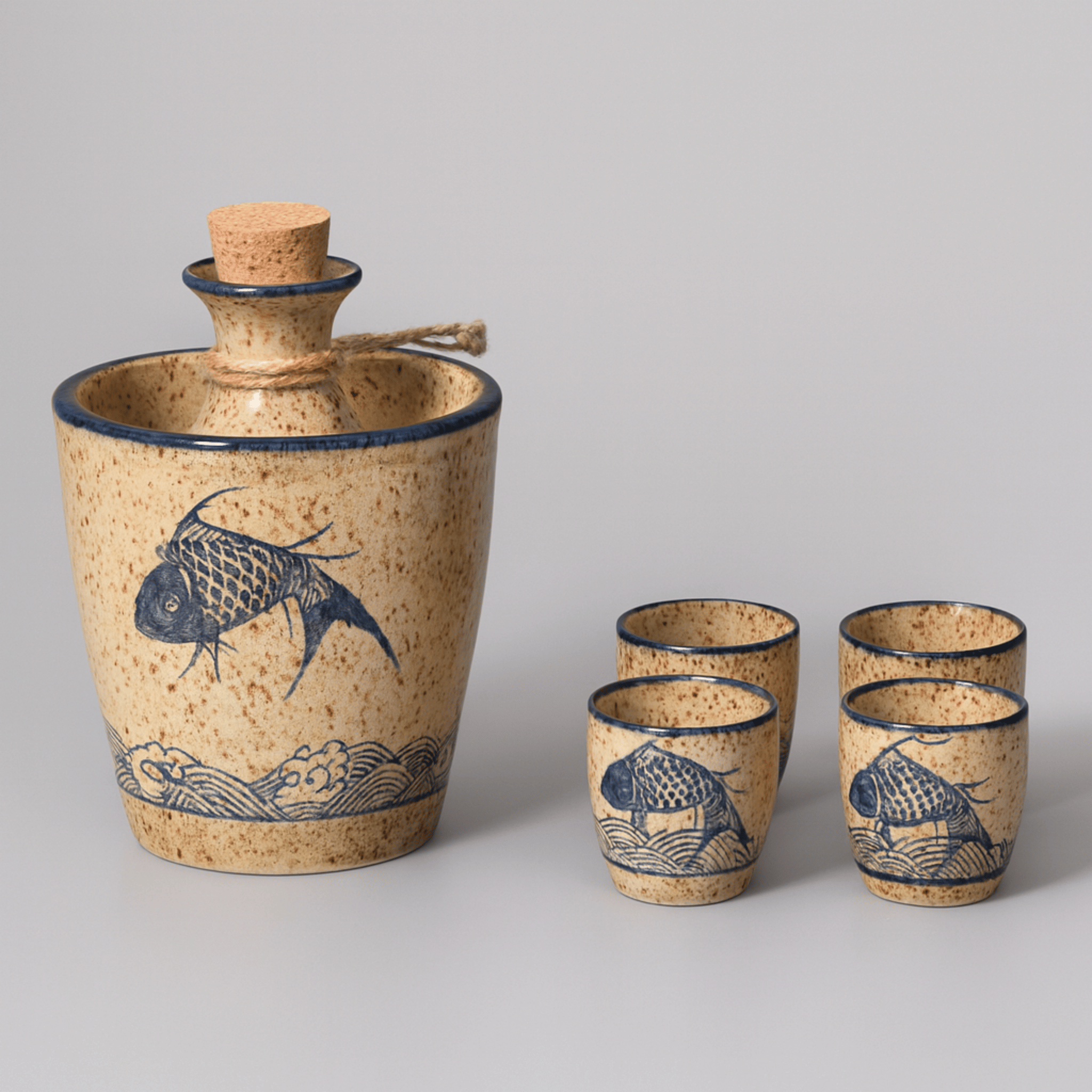 Torveld Ceramic Sake Set — Handmade Cup and Carafe, 6 pcs set, Drinkware Sets,