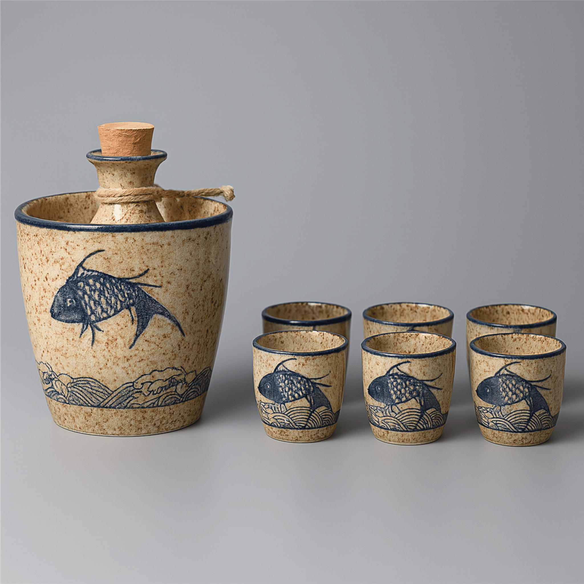 Torveld Ceramic Sake Set — Handmade Cup and Carafe, 8 pcs set, Drinkware Sets,