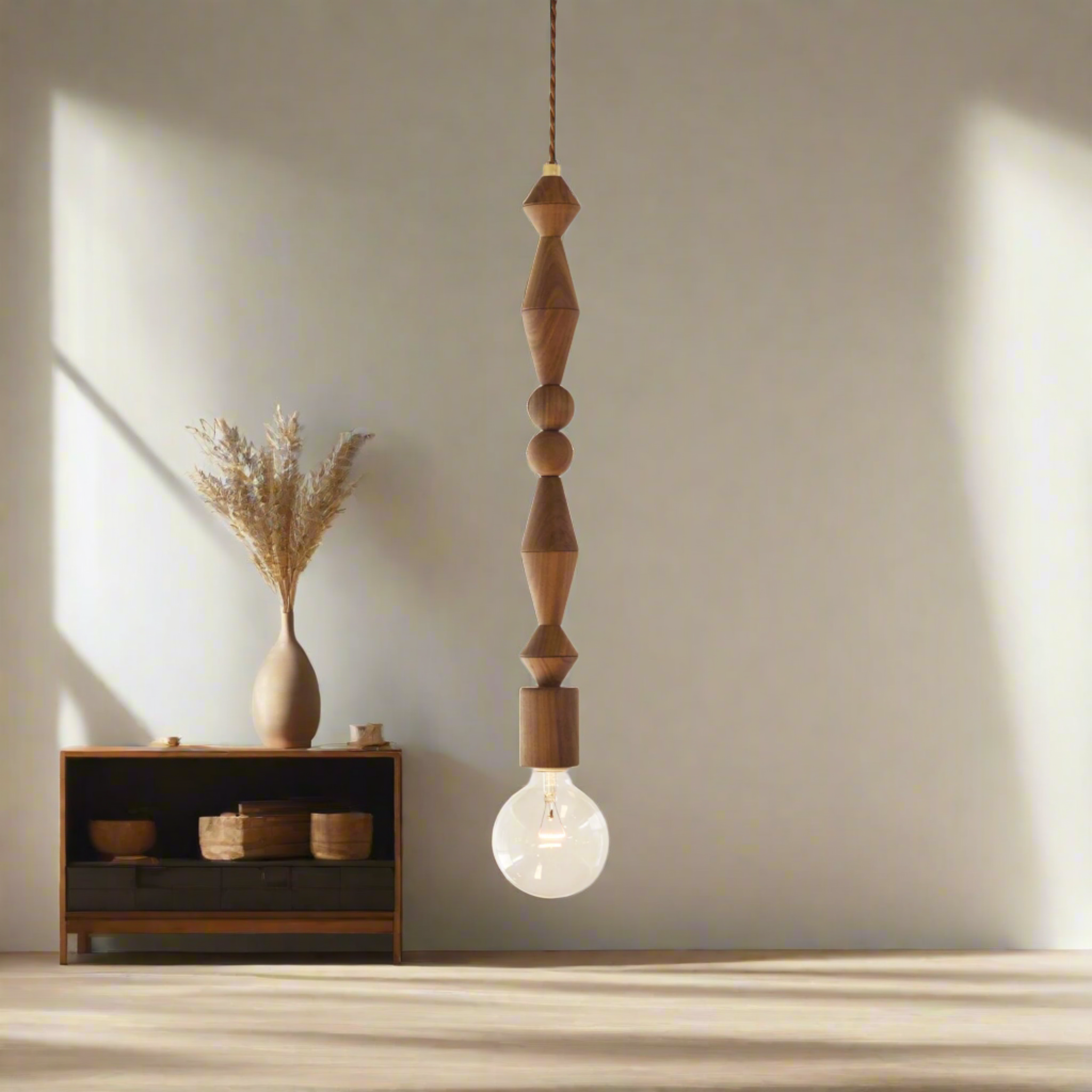 Vedra Wood and Glass Pendant Light Wabi-Sabi Style, Dark, Ceiling Fixtures, Nordic