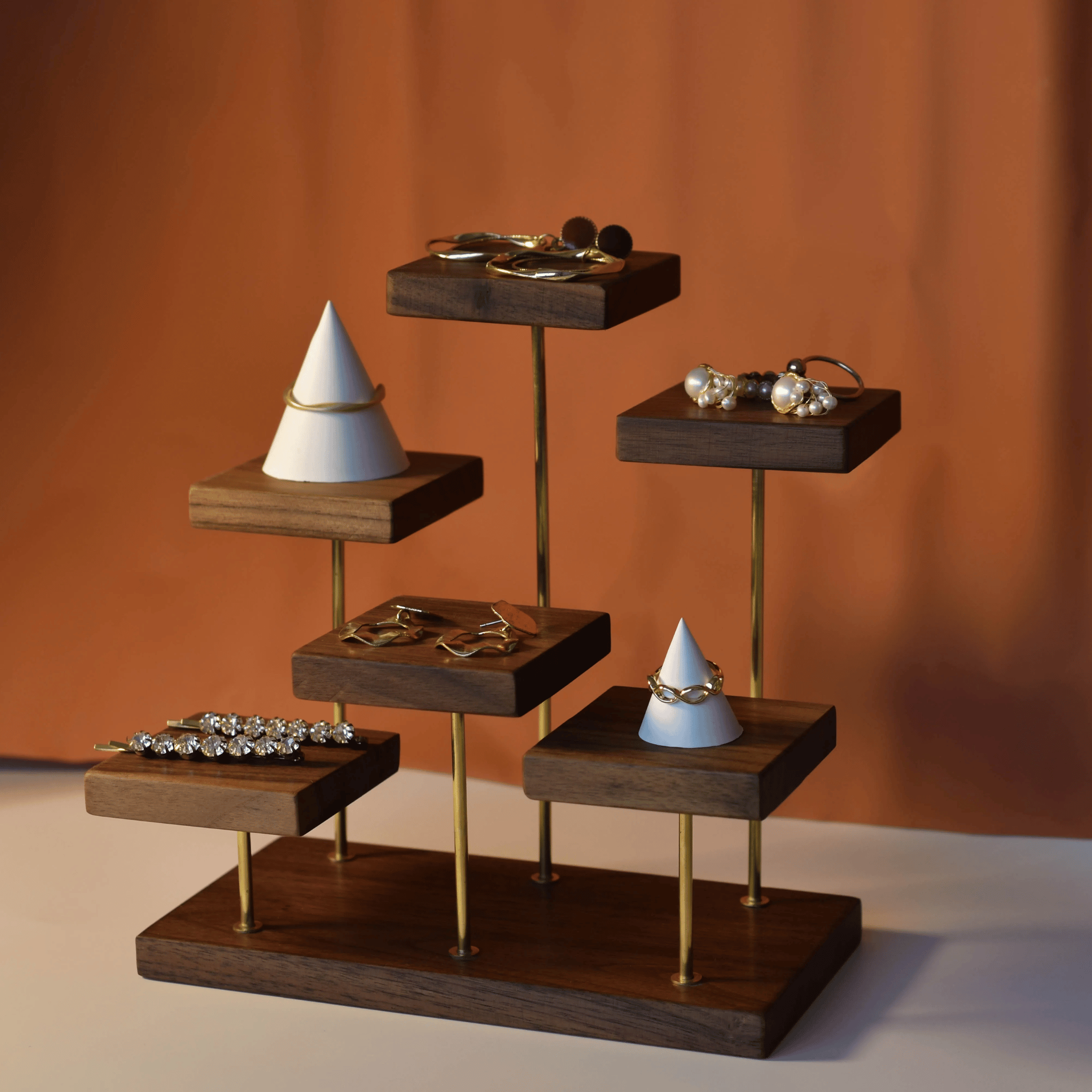 Vilma Black Walnut Jewelry Stand with Brass Accents, Stands, Stepped Display