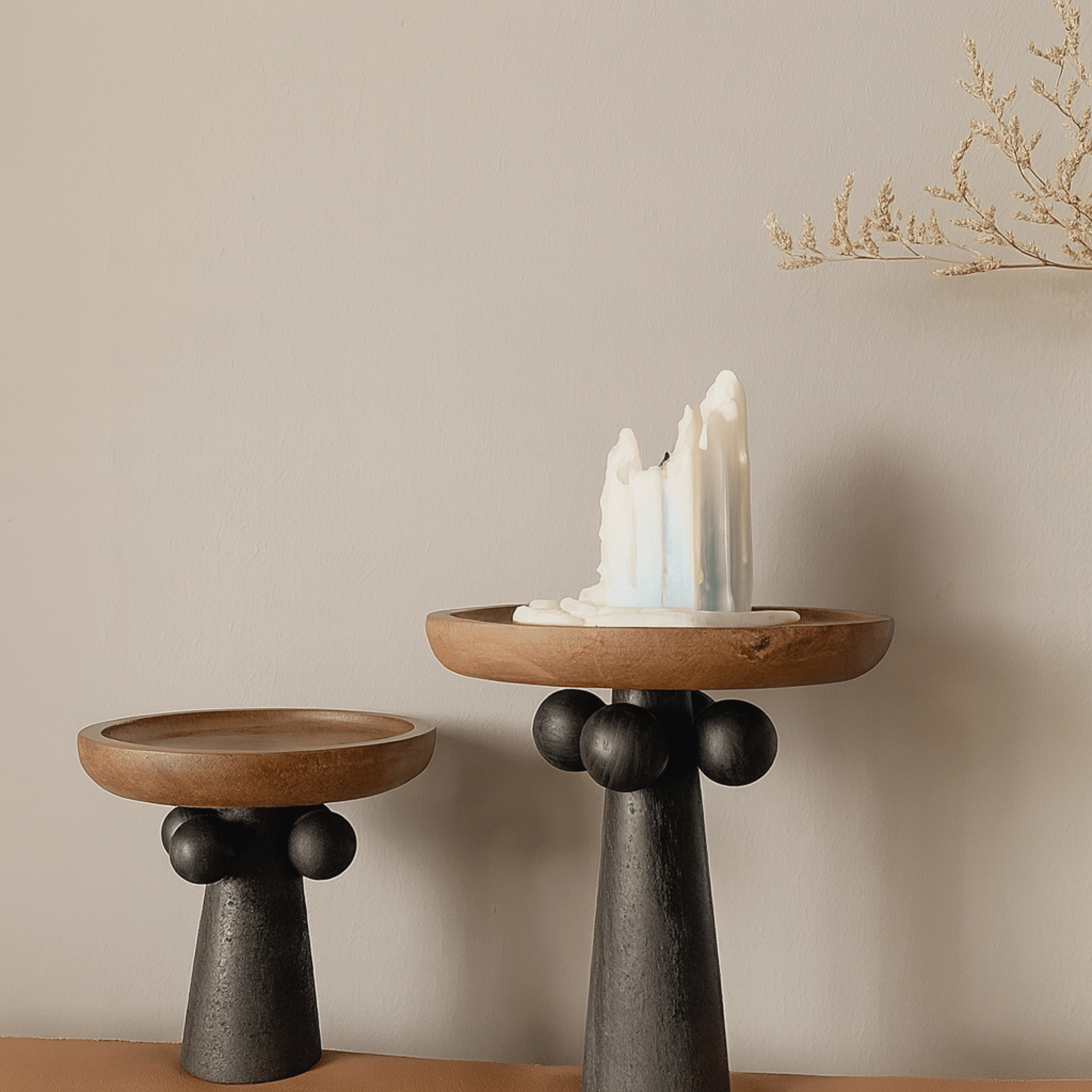 Dreva Wooden Pedestal Tray Nordic Sculptural Style, SET of 2, Serving Trays, Display