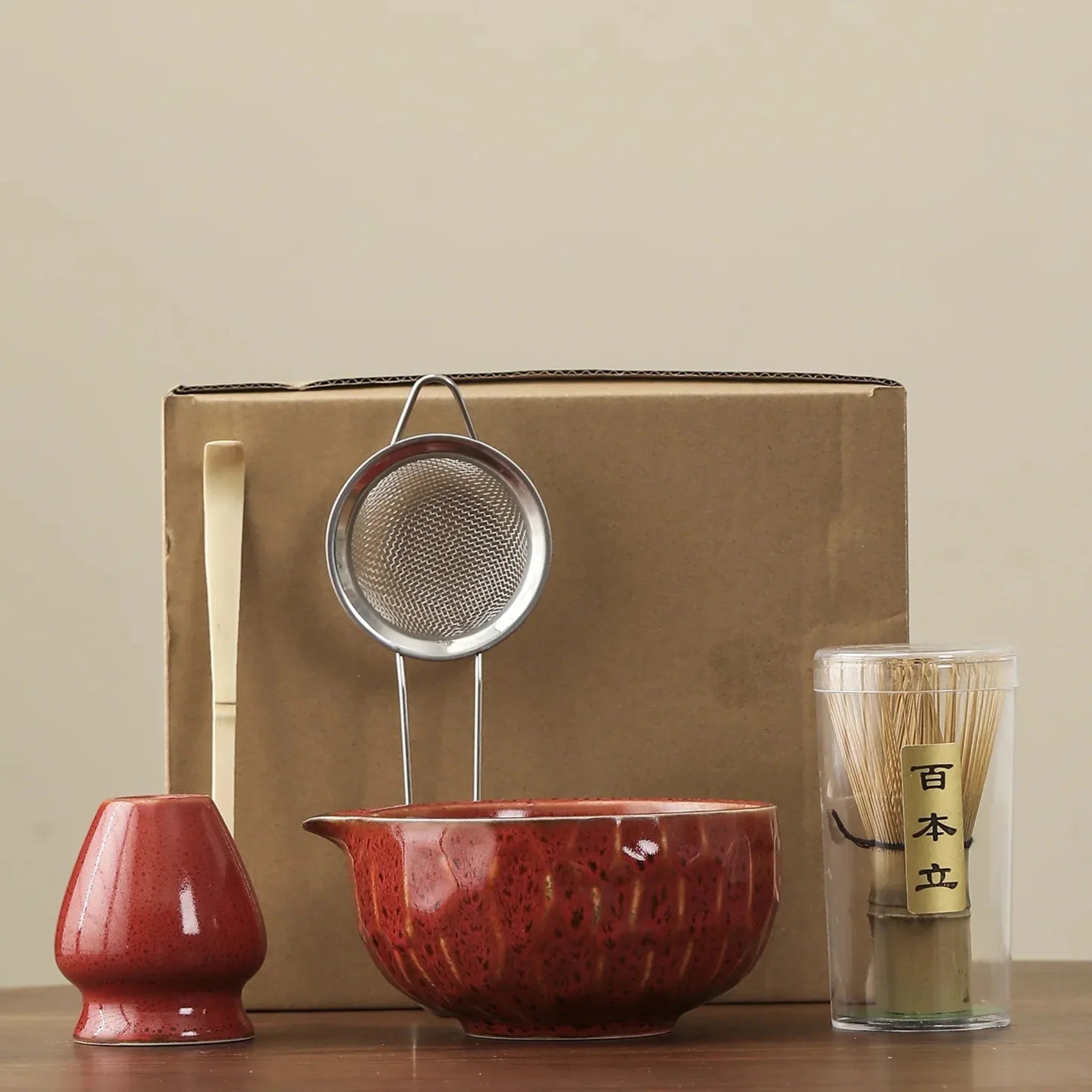 Elda Matcha Ceremony Set – 5-Piece Ceramic & Bamboo, Dark Red, Drinkware Sets, Japanese Bowl