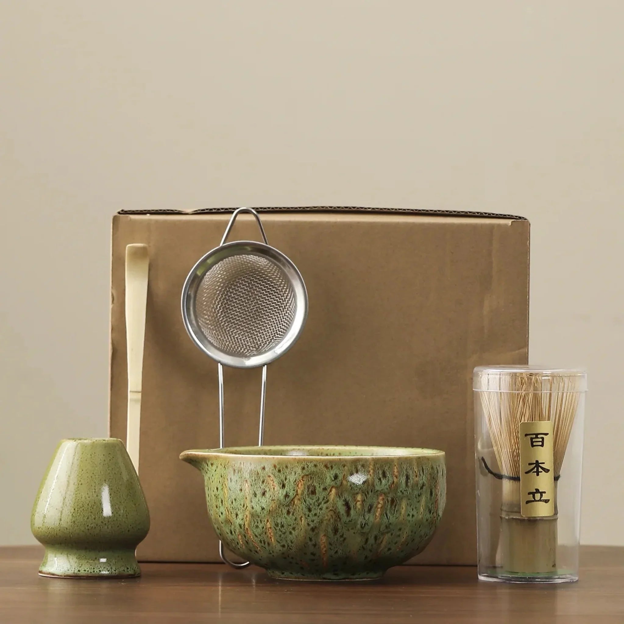 Elda Matcha Ceremony Set – 5-Piece Ceramic & Bamboo, Green, Drinkware Sets, Japanese Bowl