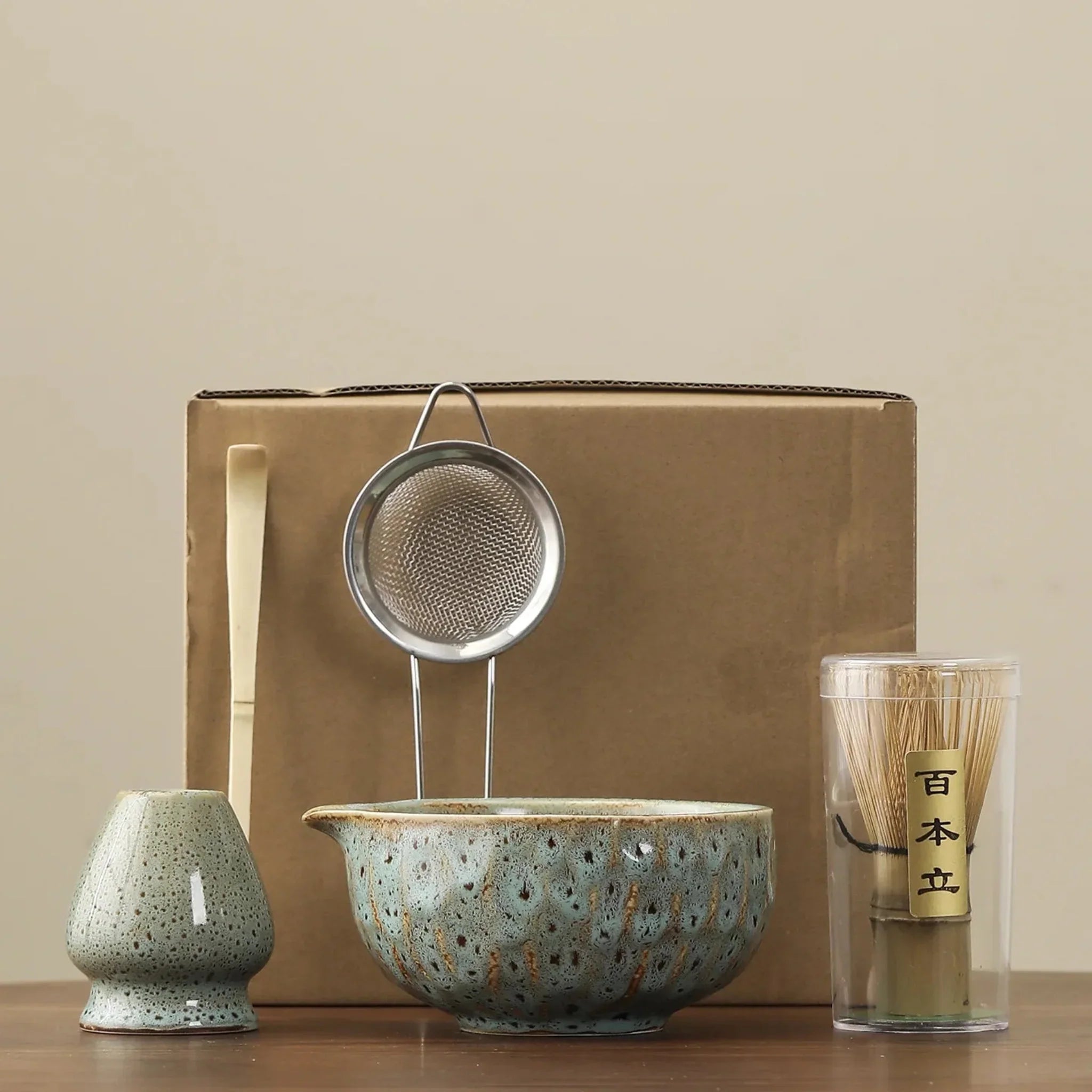 Elda Matcha Ceremony Set – 5-Piece Ceramic & Bamboo, Light Blue, Drinkware Sets, Japanese Bowl