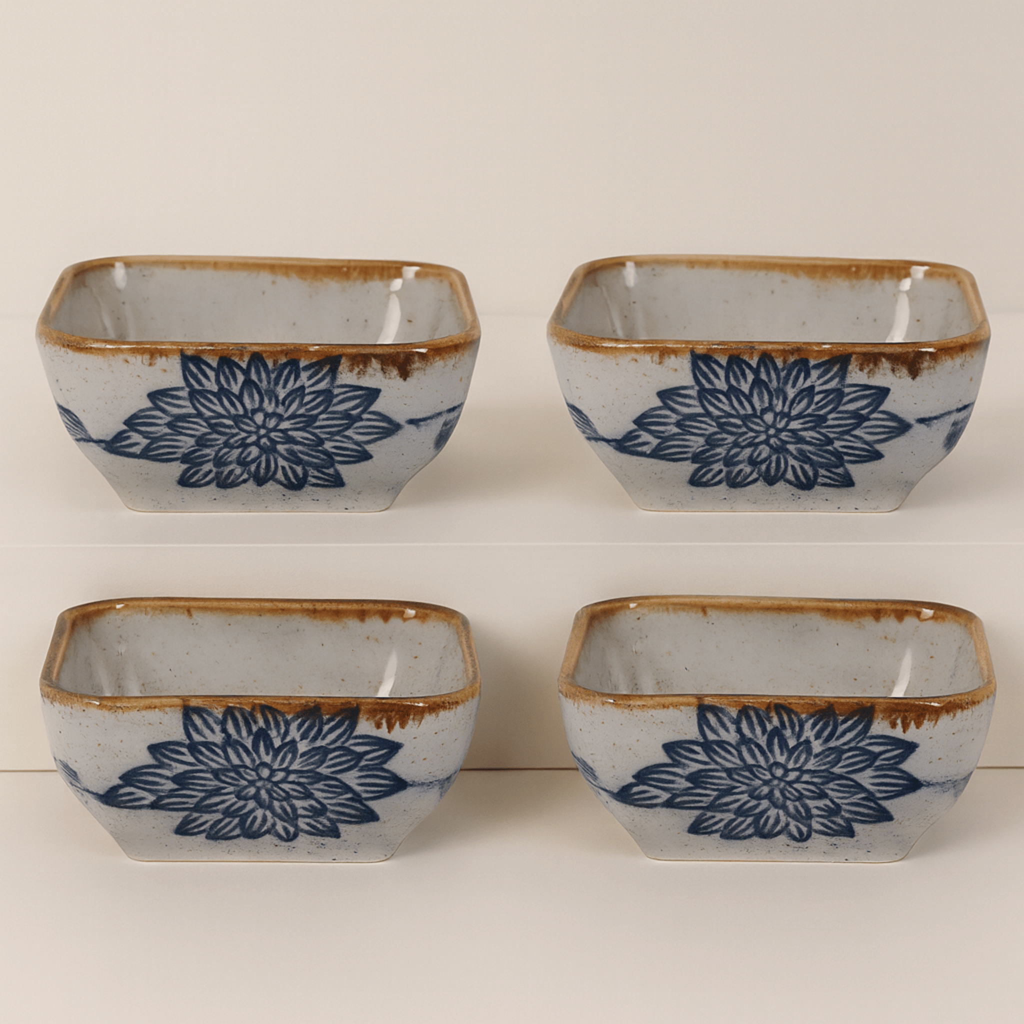 Japanese Ceramic Square Sauce Dishes Set of 4, Indigo Chrysanthemum, Ramekins & Souffle, Fattil Dish
