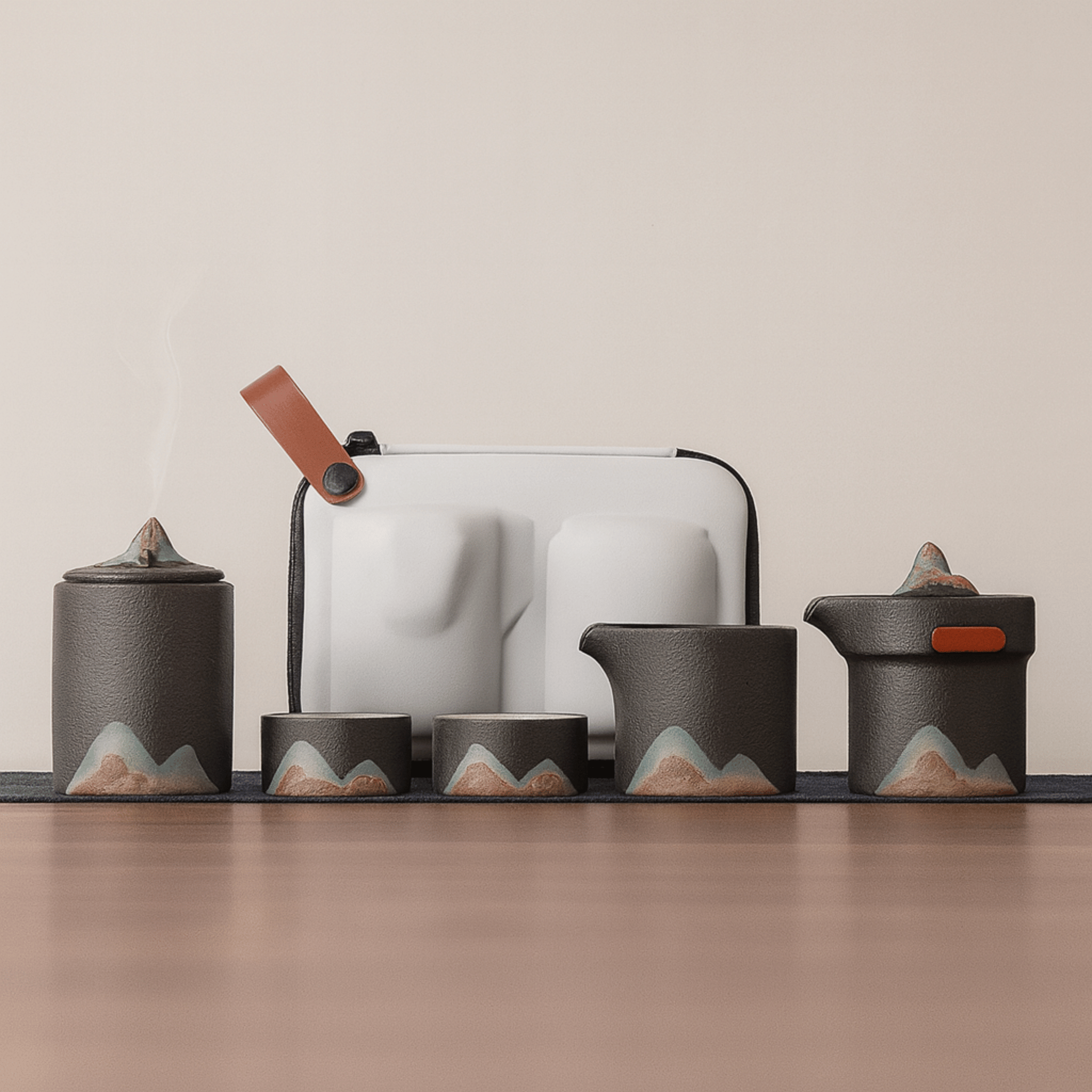 Hand-Painted Ceramic Tea Set with Travel Bag Gift, Dark Gray, Sets, Fjella Mountain