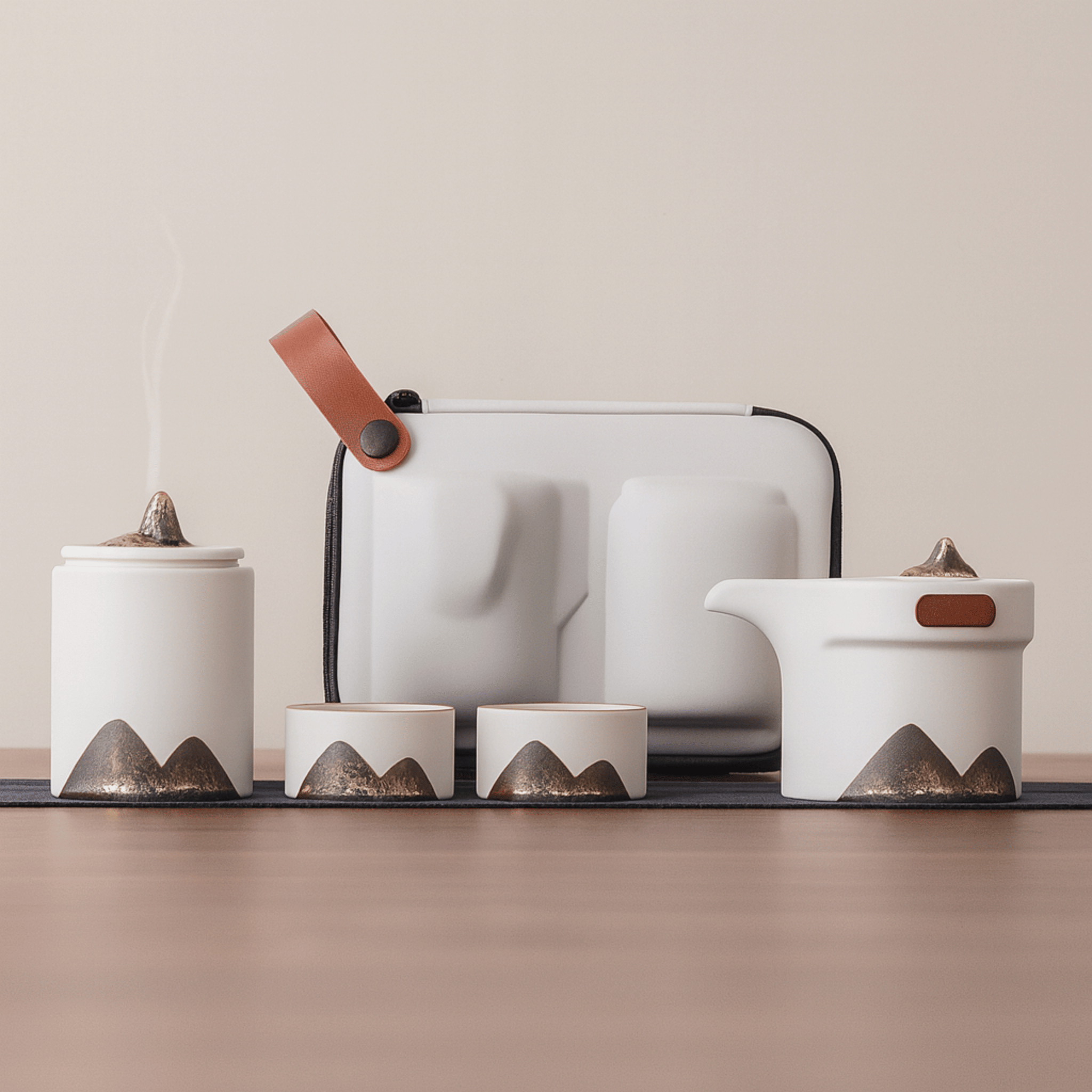 Hand-Painted Ceramic Tea Set with Travel Bag Gift, White, Sets, Fjella Mountain