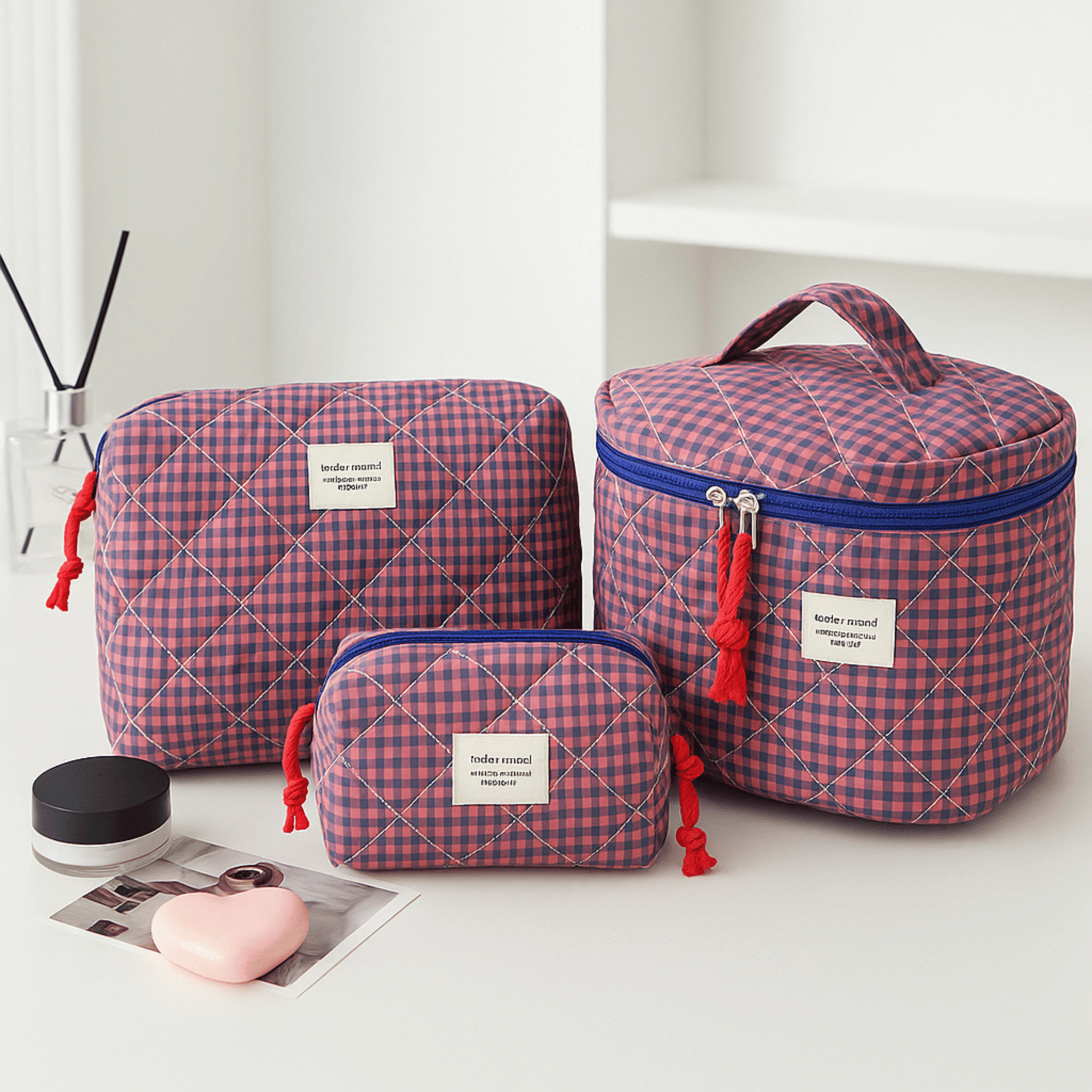 Quilted 3-Piece Makeup Bag Set for Travel by Skonne, Cherry, Bags, Flata Cosmetic