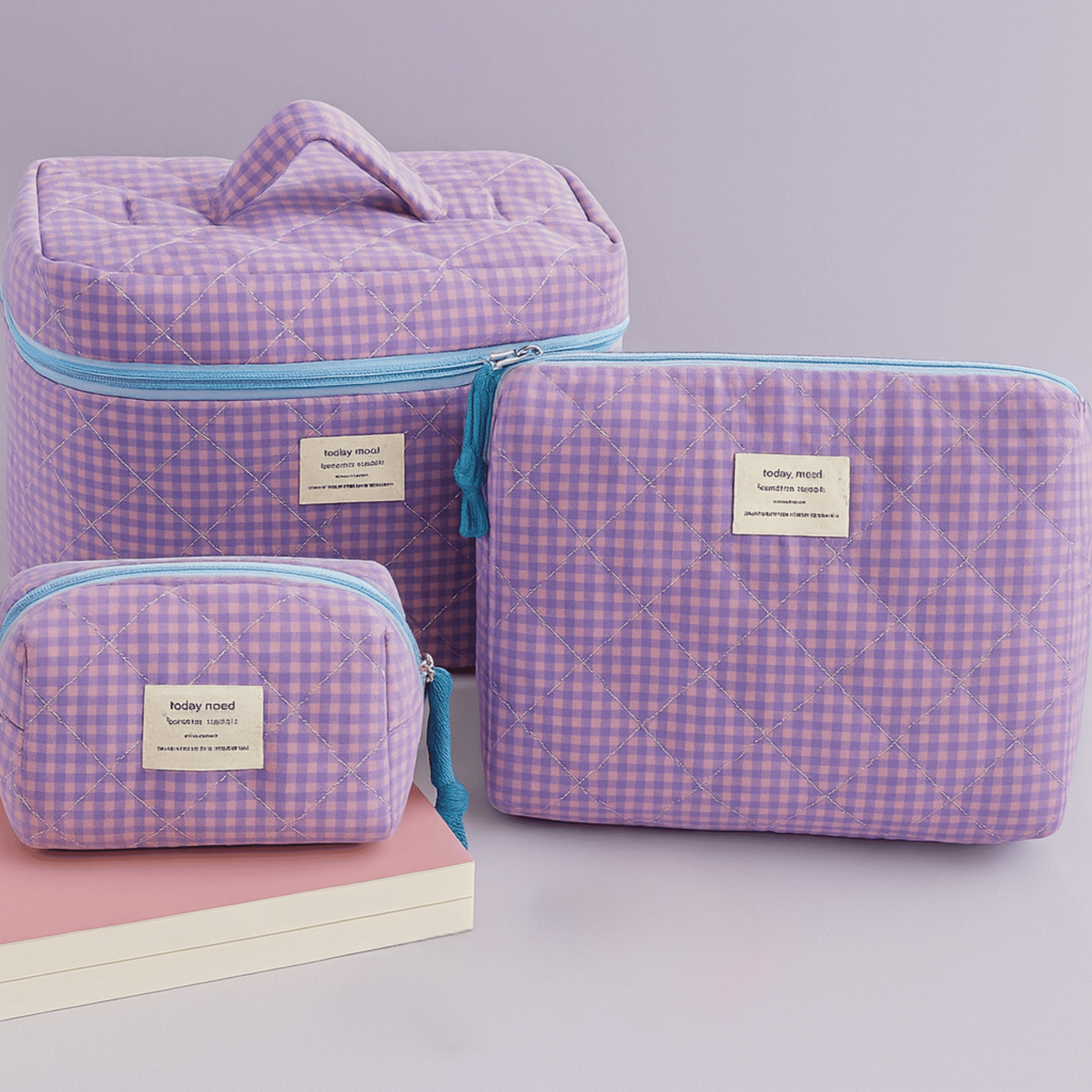 Quilted 3-Piece Makeup Bag Set for Travel by Skonne, Purple, Bags, Flata Cosmetic