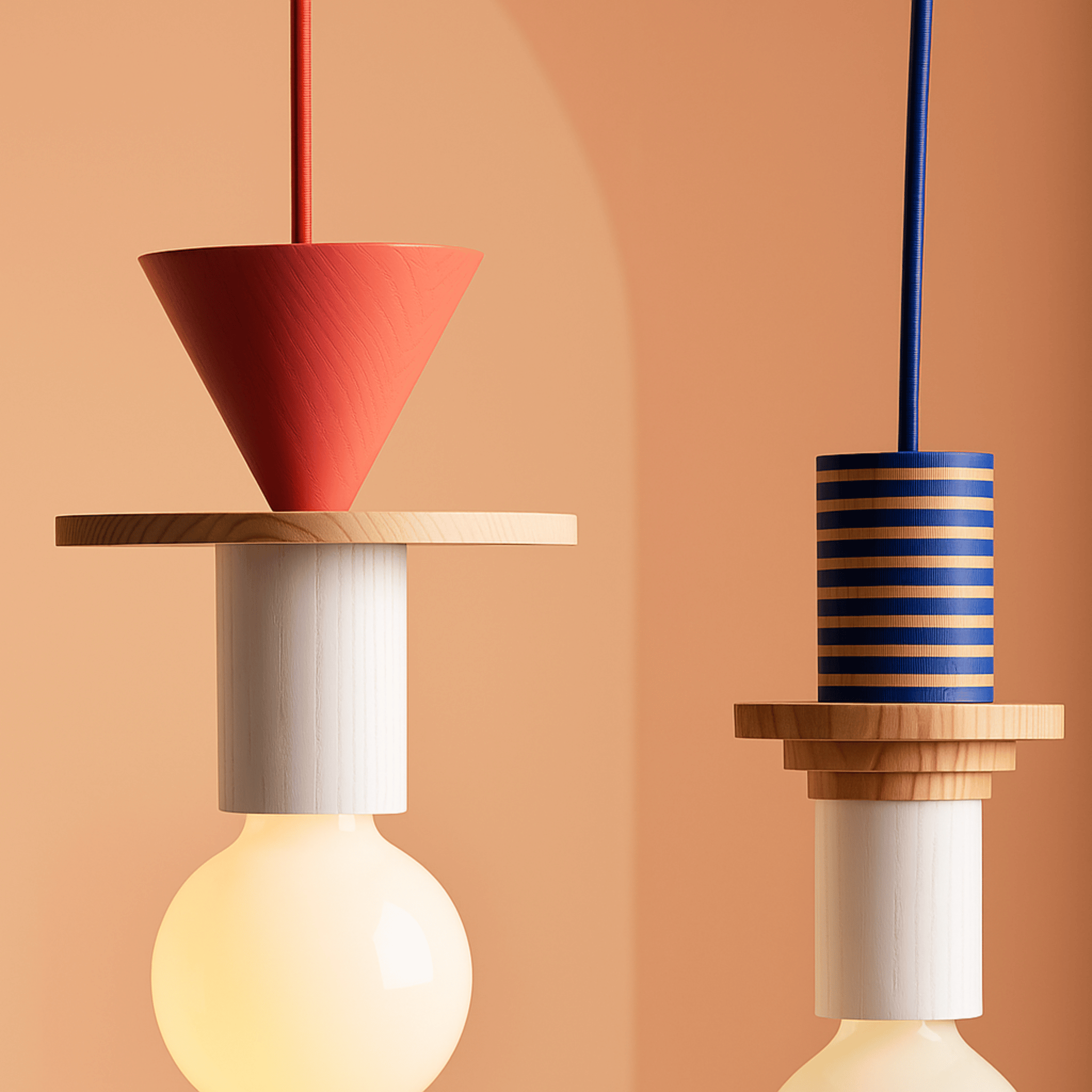 Geometric Wooden Pendant Lamp Nordic Bauhaus Style, Ceiling Light Fixtures, Formvy Wood and Iron