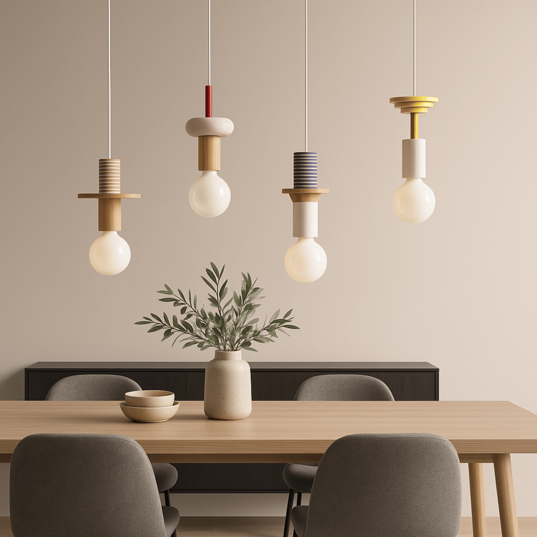 Geometric Wooden Pendant Lamp Nordic Bauhaus Style, Prism, Ceiling Light Fixtures, Formvy Wood and Iron