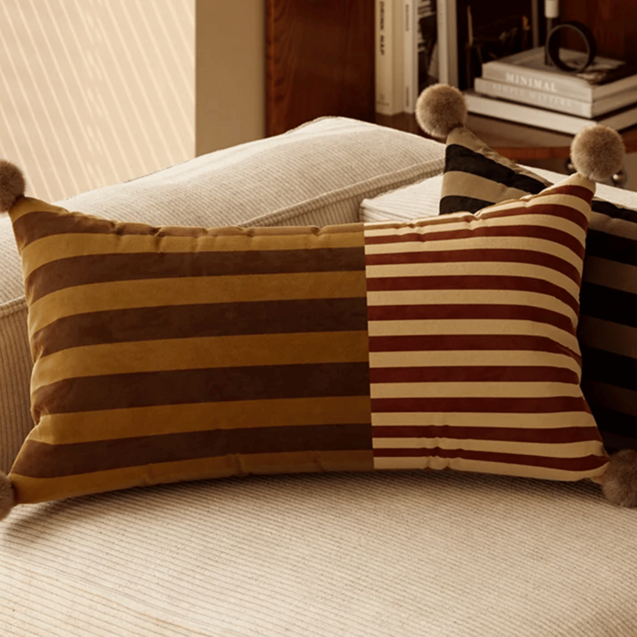 Velvet Pom Striped Pillowcase by Skonne, Throw Pillows, Frilla Decorative Bolster Pillow