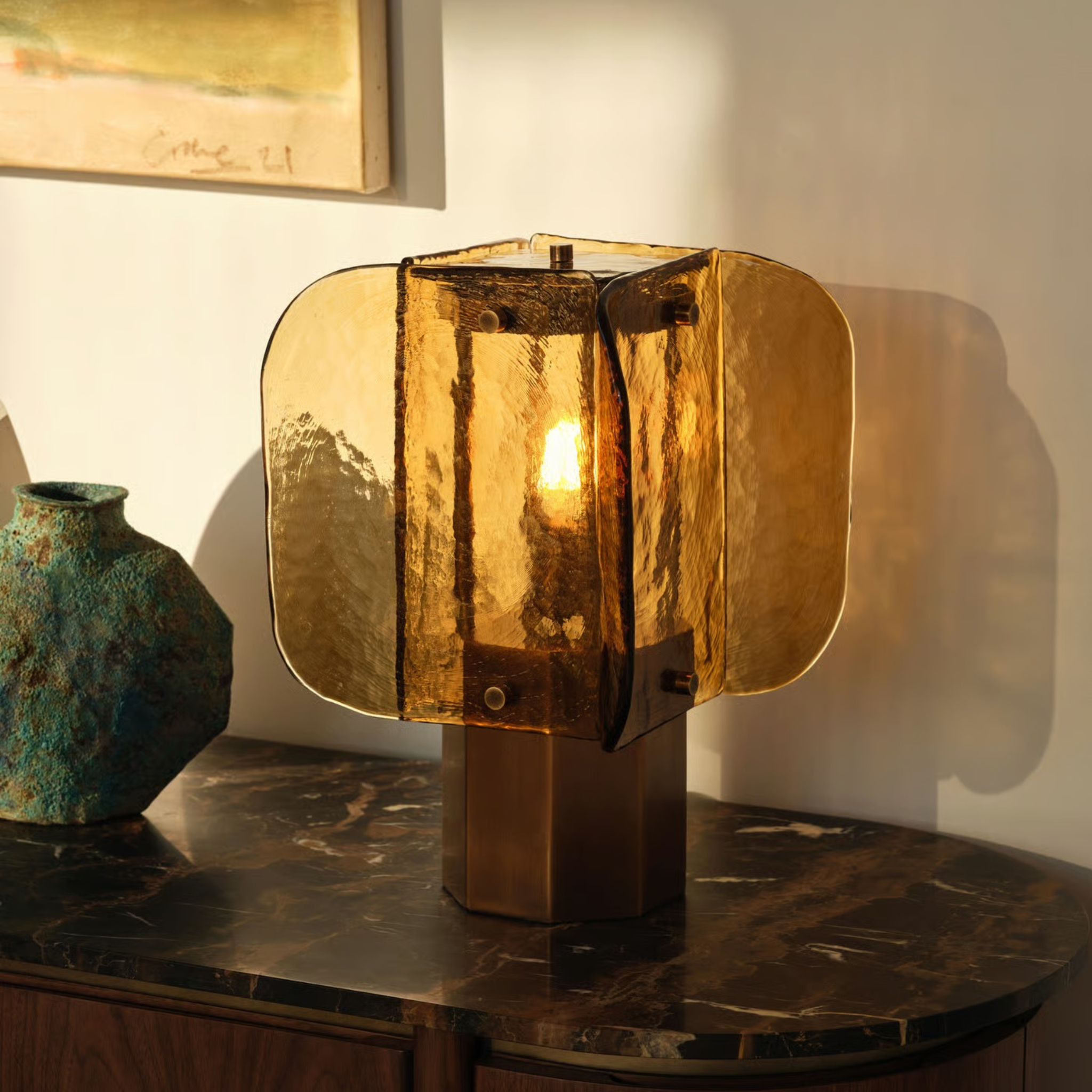 Gloda Amber Glass Table Lamp - Warm Vintage Light, Lamps, Antique Desk Glow