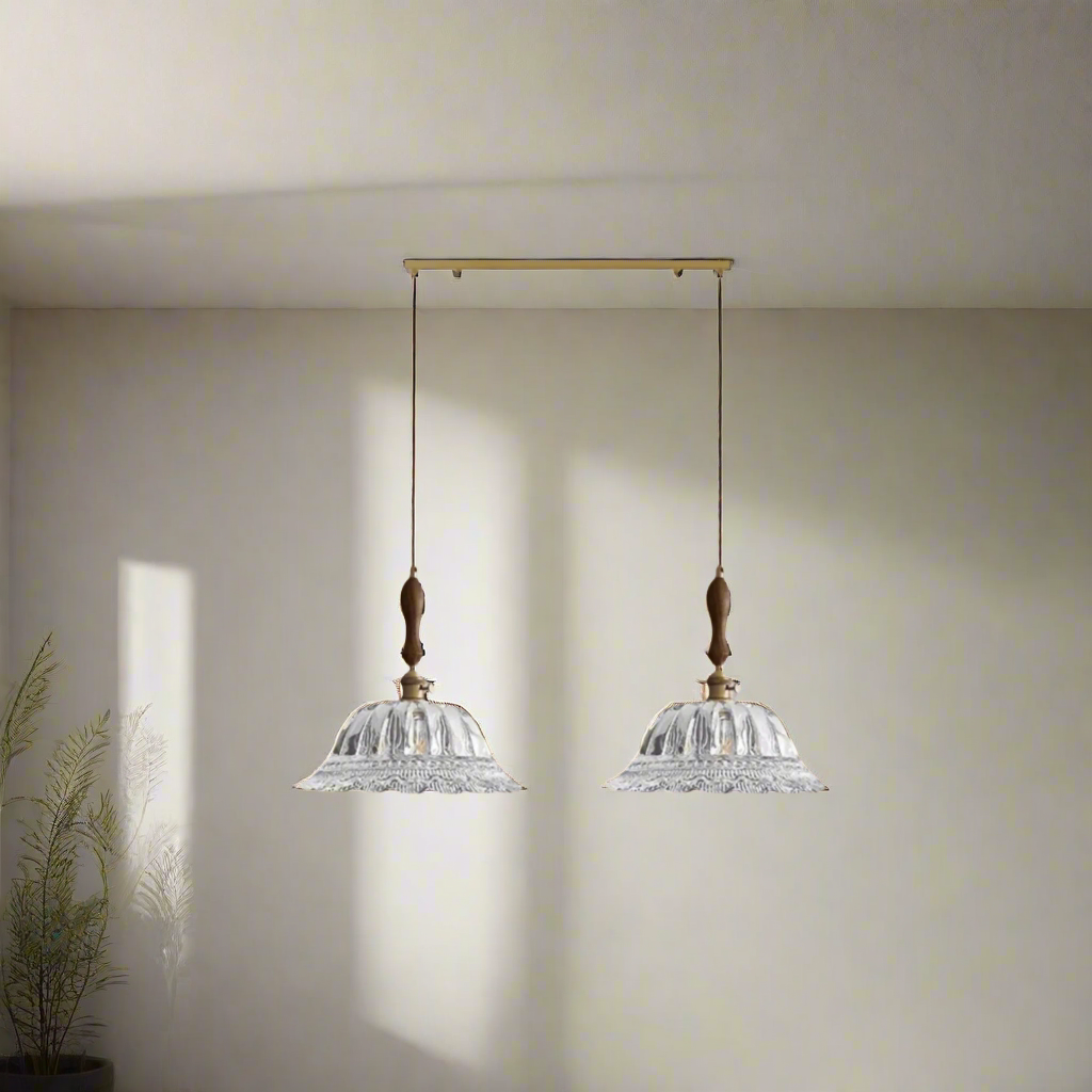 Gloda Brass Walnut Pendant Light for Dining Rooms, 2 Heads (9.8in/25cm), Ceiling Fixtures, French Style