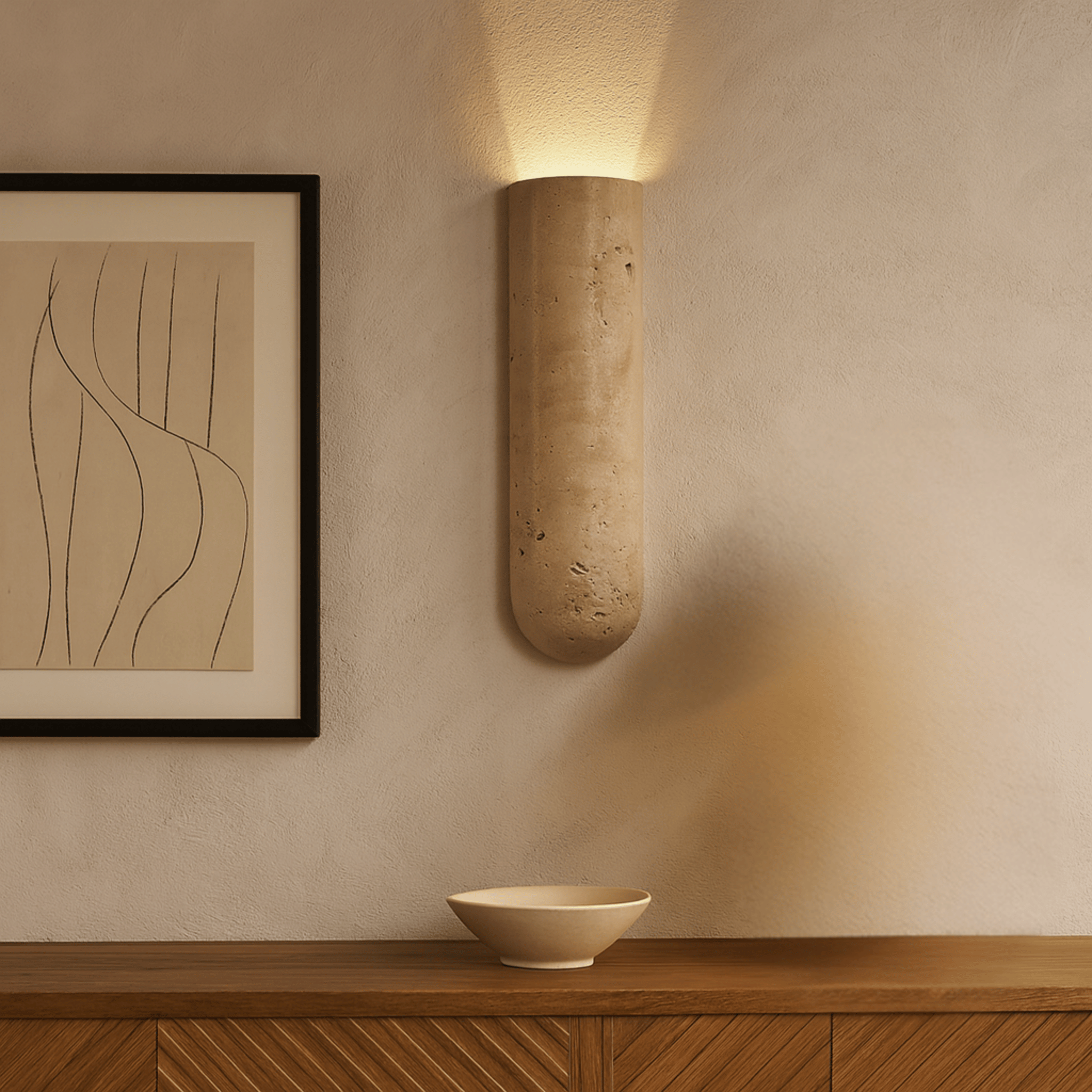 Glodsten Natural Travertine Wall Lamp - LED Sconce, Lampshade Up, Light Fixtures, Carved Stone