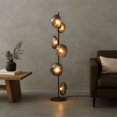 Glovar Artistic Glass Floor Lamp – Warm LED Light, Black & Smoky grey, Lamps, Sculptural for Living Room