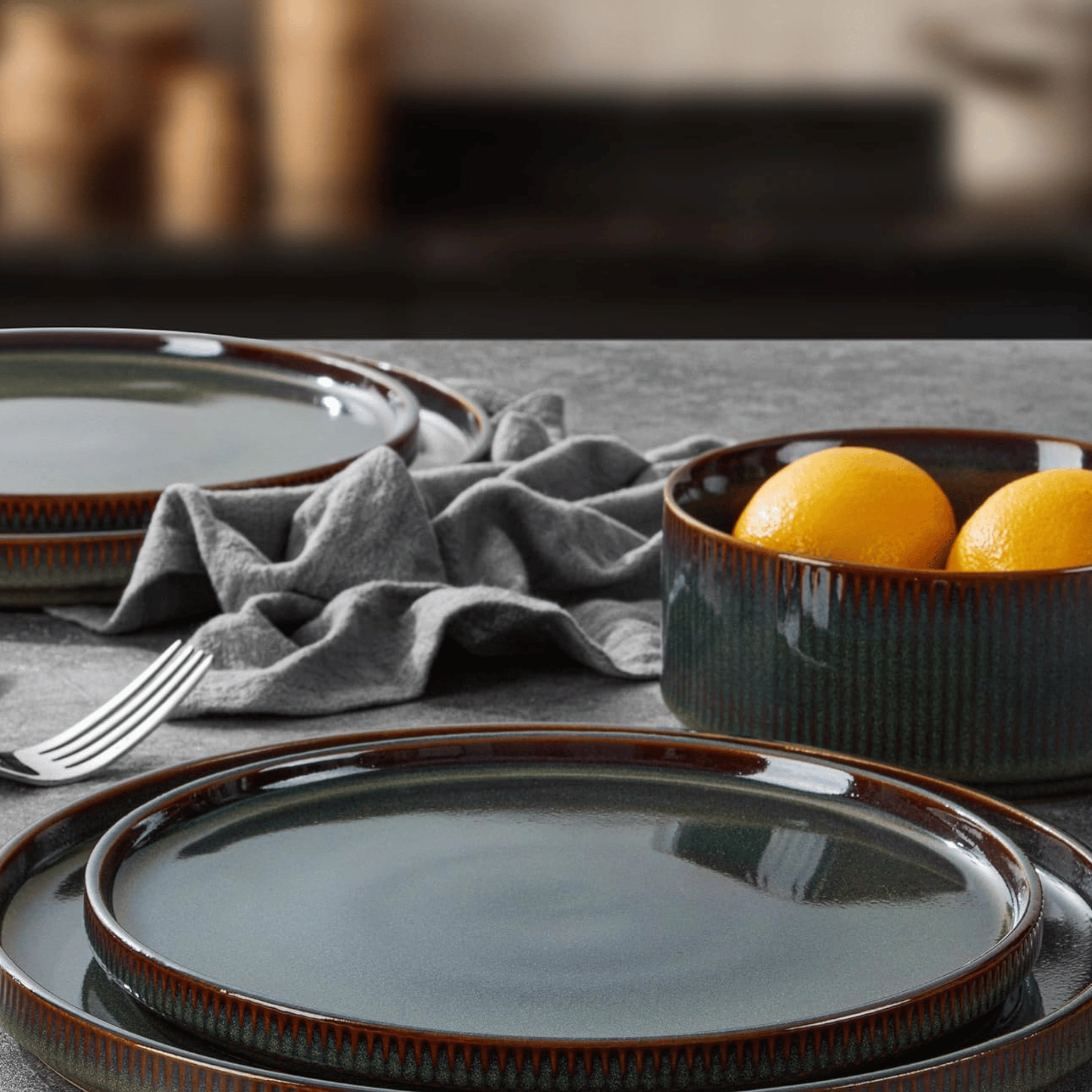 Ribbed Green Stoneware Dinnerware Set for 4 People, Sets, Grondal