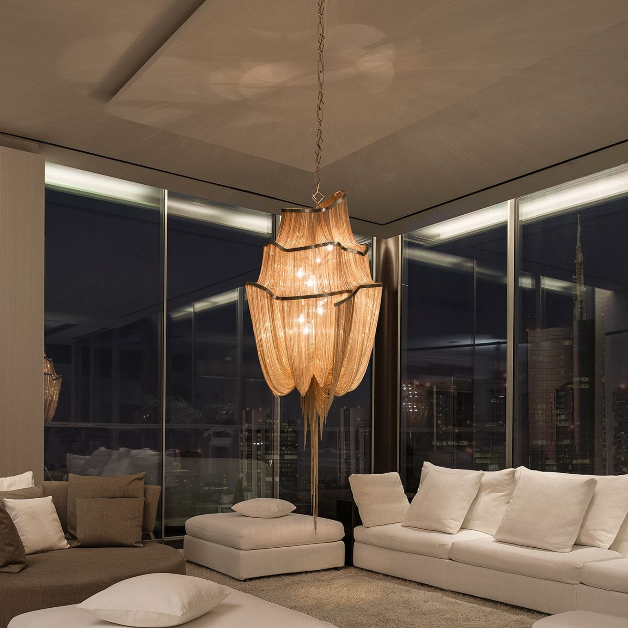 Gullvev Gold Chain Chandelier for Vaulted Ceilings, Chandeliers, European 3-Tier