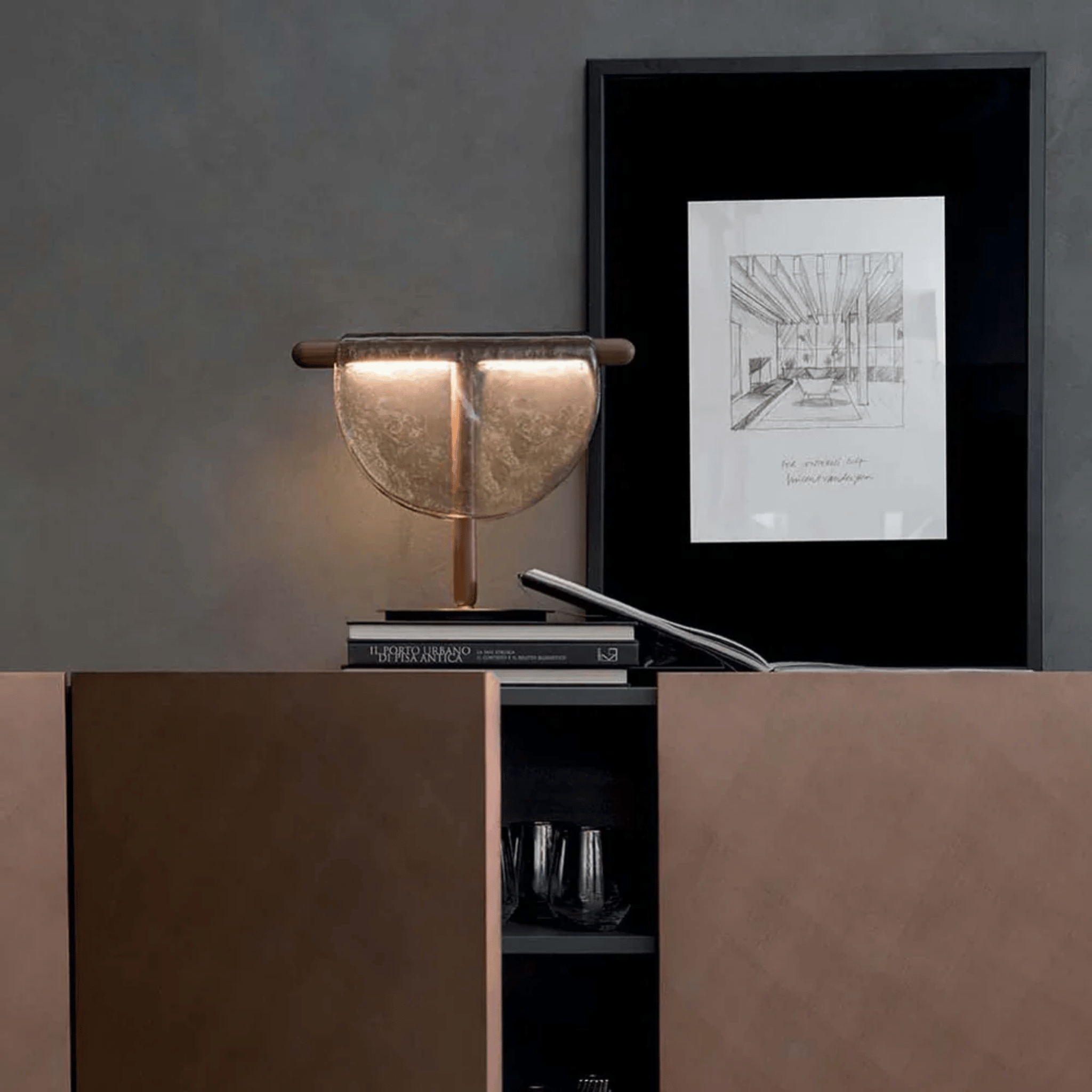 Halvglo Half Moon Amber Glass Table Lamp by Skonne, Gray / Natural light, Lamps, Nordic