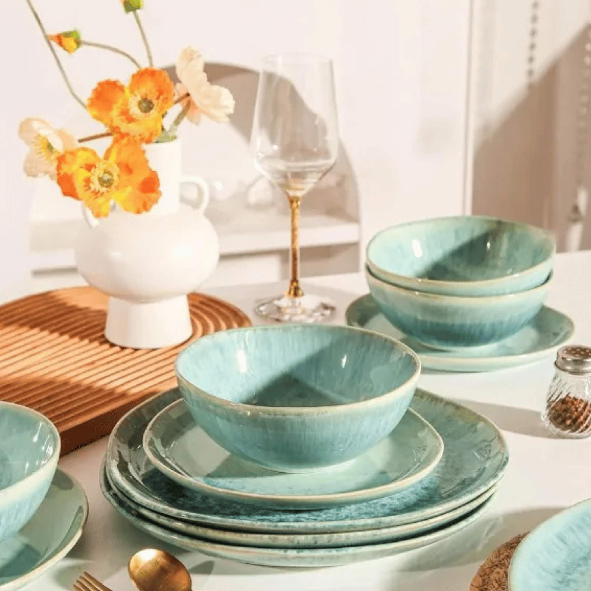 Havblå 12-Piece Aqua Ceramic Dinnerware Set for 4, Sets, Glazed