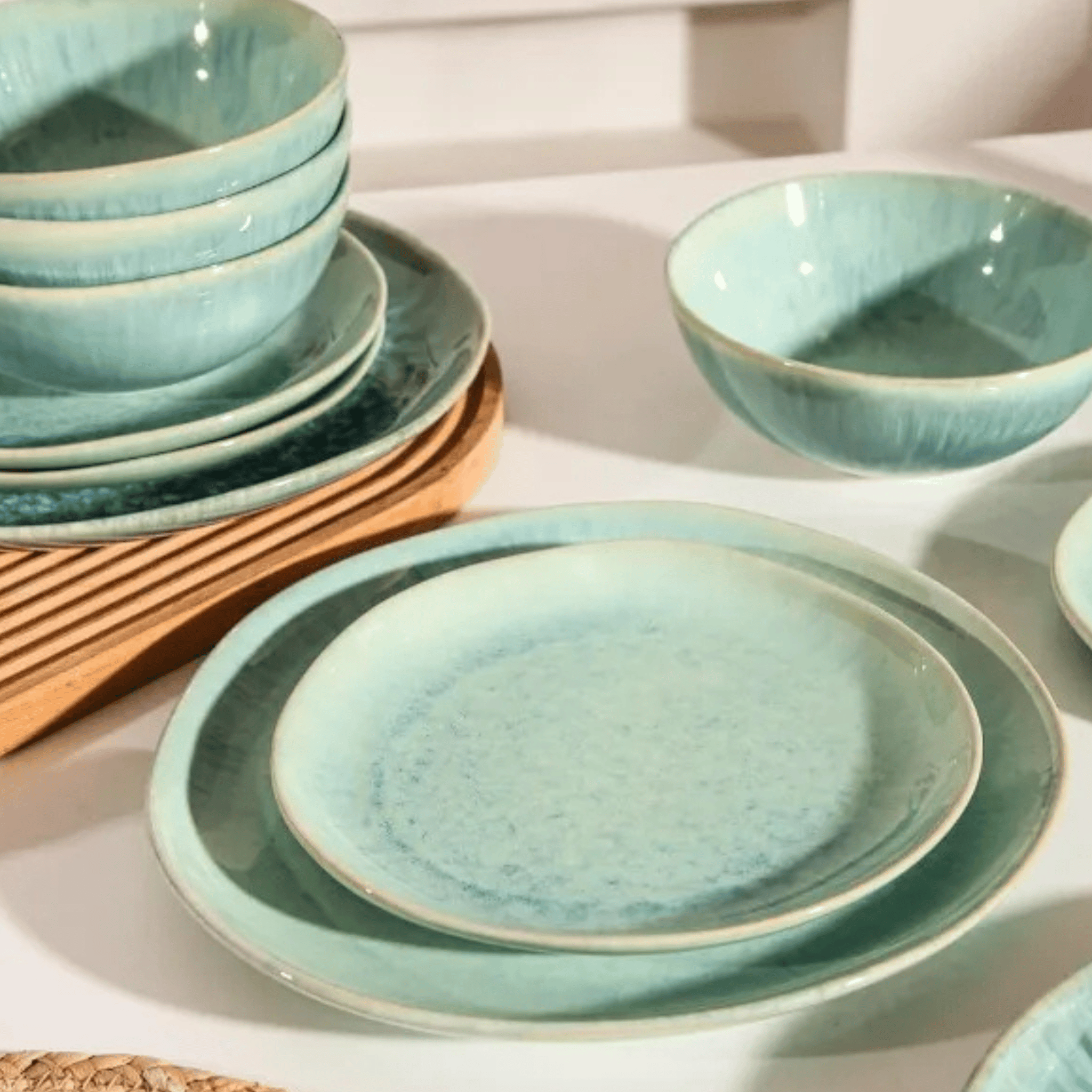Havblå 12-Piece Aqua Ceramic Dinnerware Set for 4, Sets, Glazed