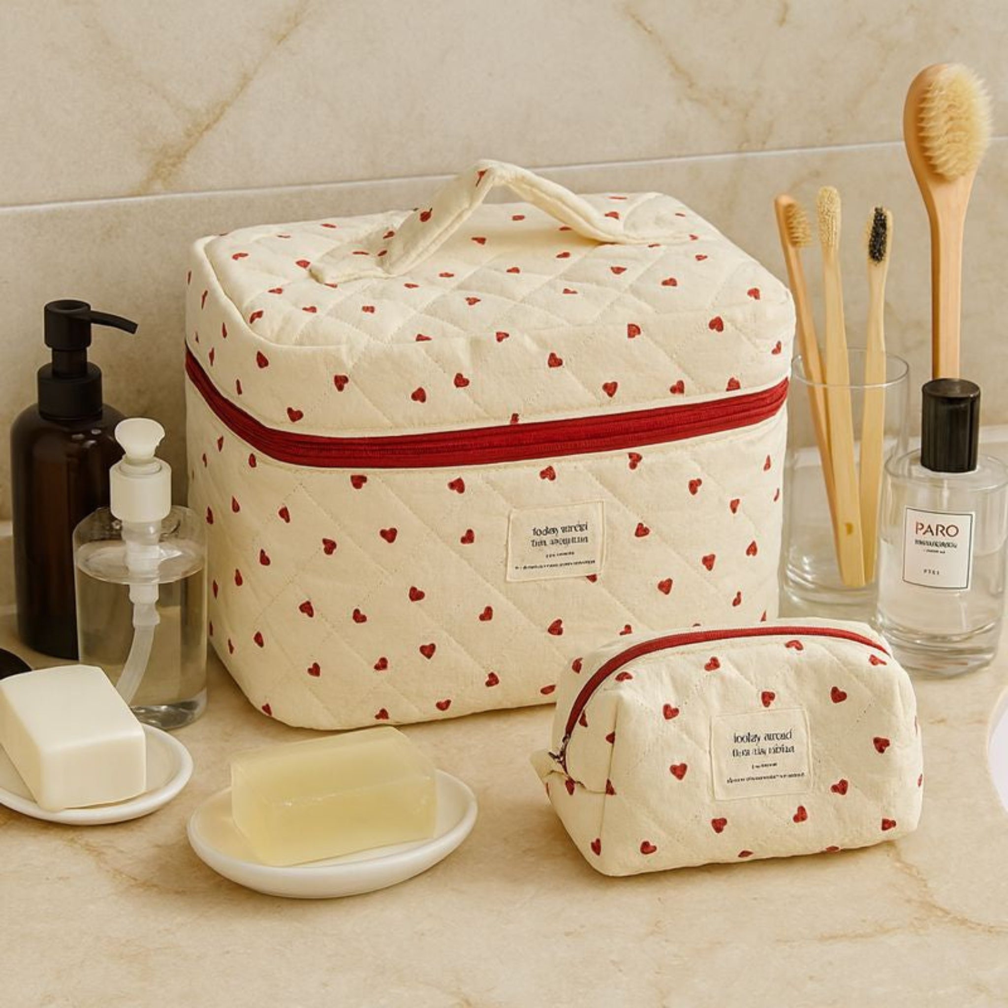 Lovda 3-Piece Quilted Cosmetic Bag Set Travel, Makeup Bags,