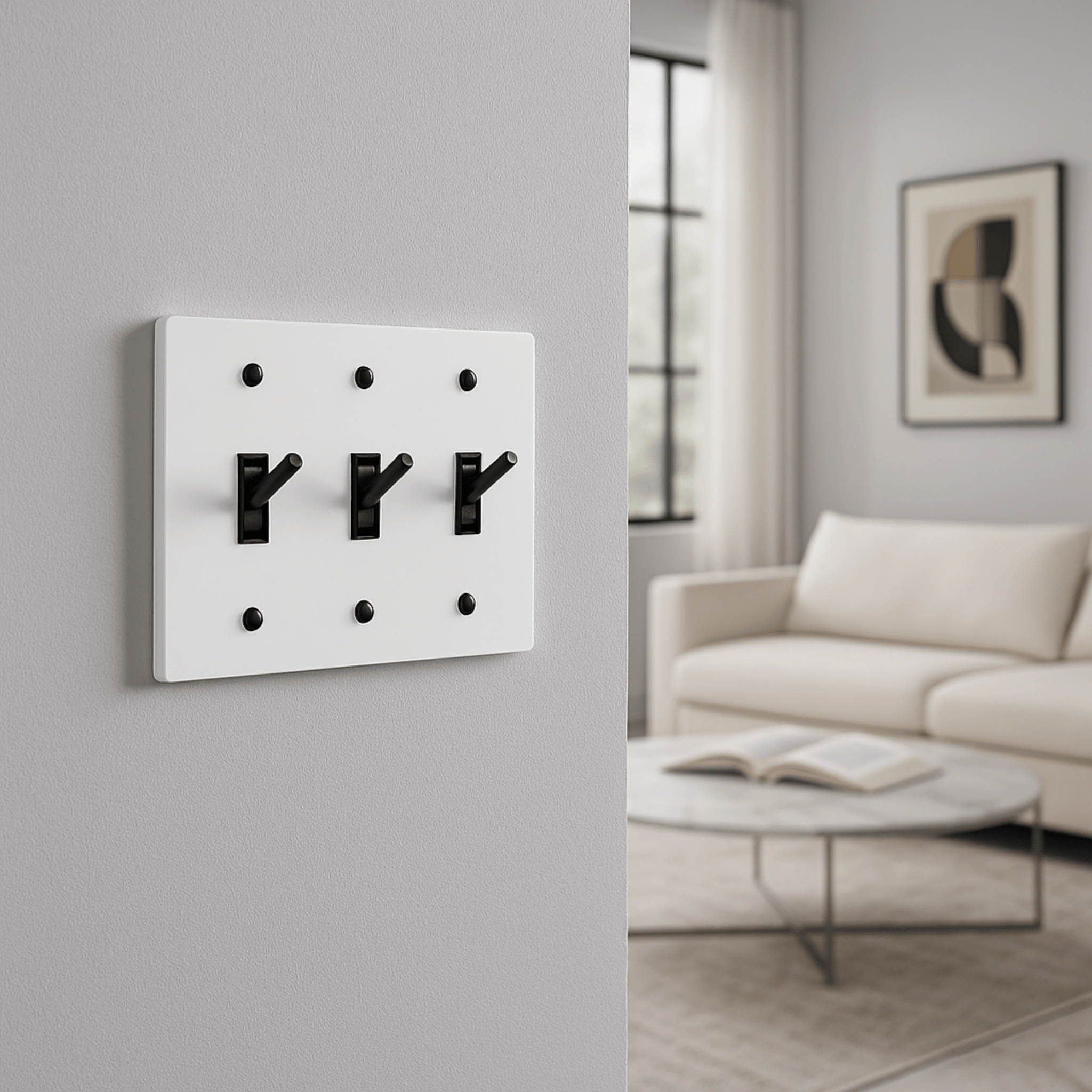 Designer White Brass Toggle Switch Panel by Skonne, Single-Pole Switches, Lysvakt UL Certified