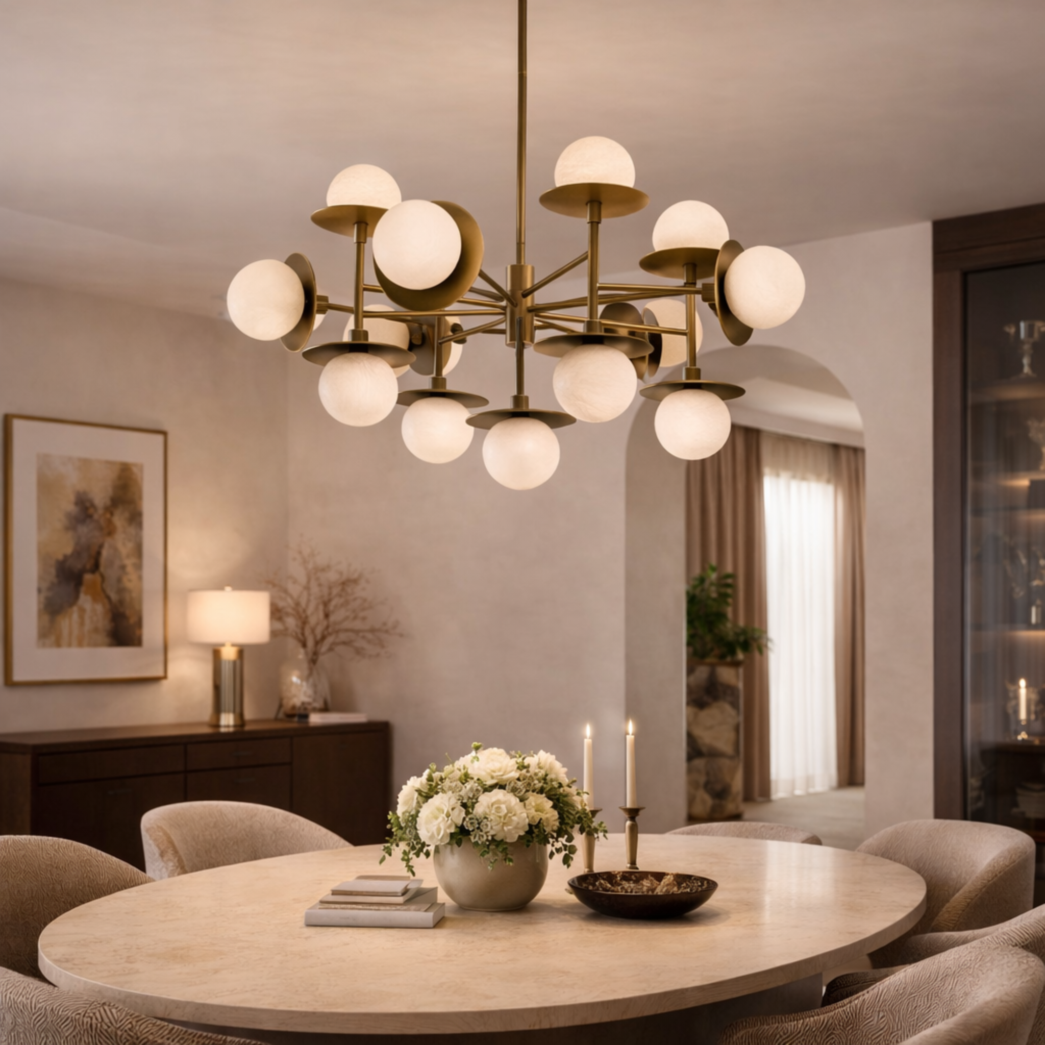 Marble Globe Chandelier 13 Lights with Brass Frame, Chandeliers, Marmora 13-Light Natural