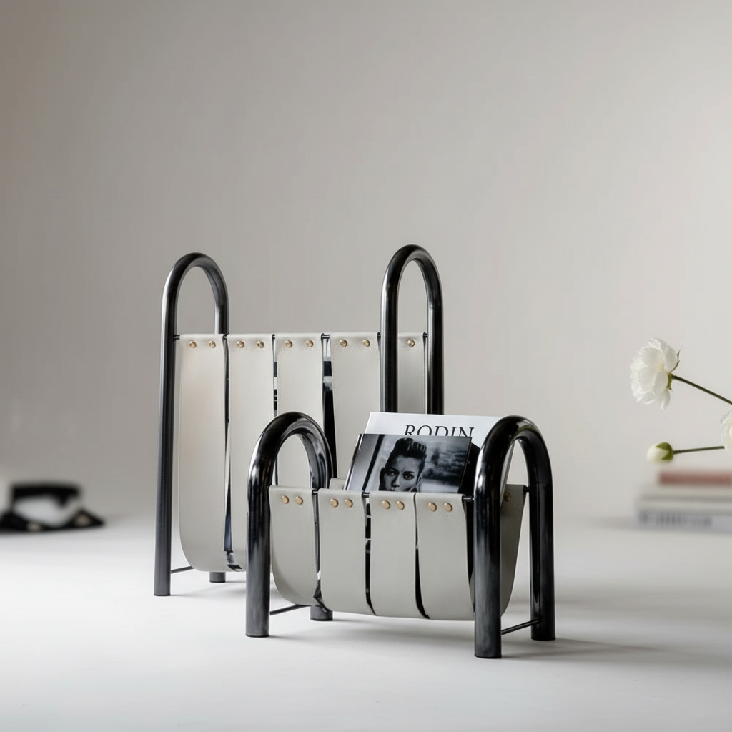 Rydda Modern Leather Magazine Rack with Metal Frame, Racks