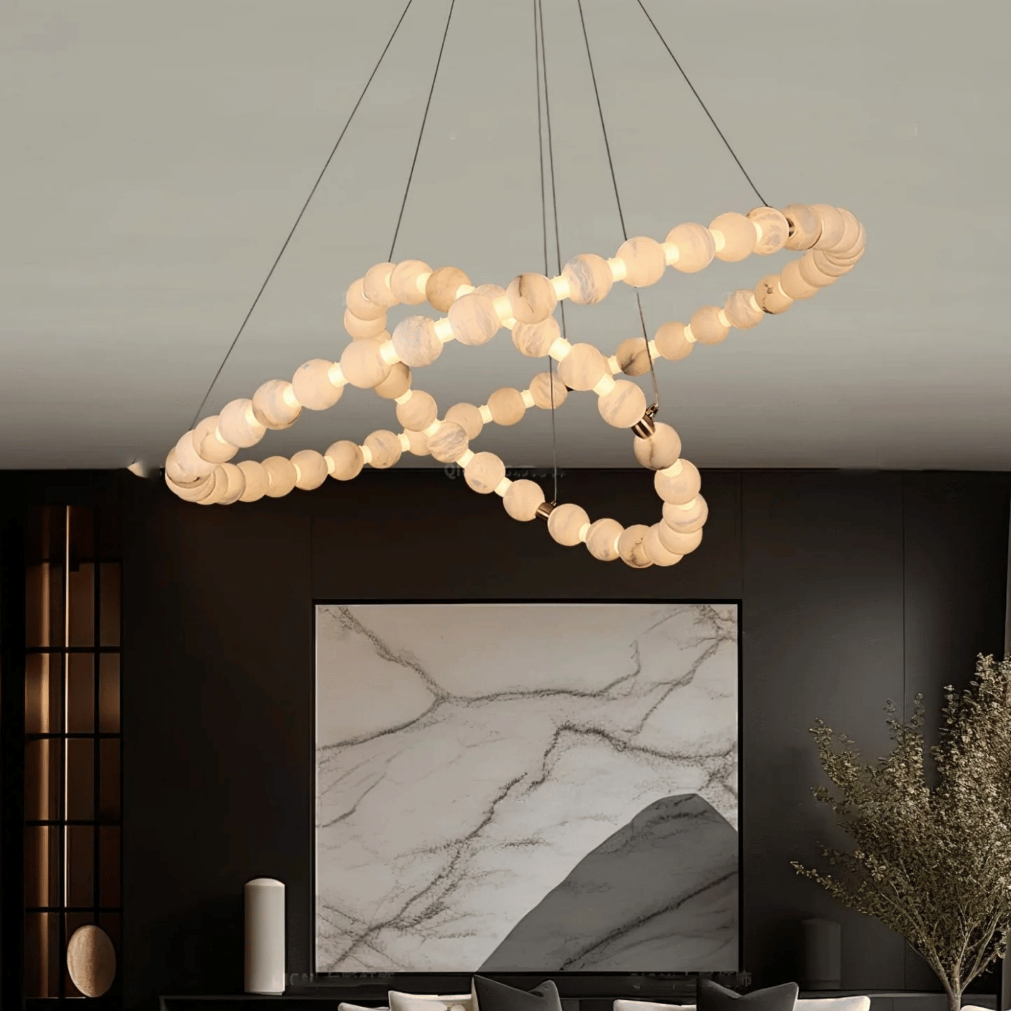Alabaster Marble Dual Halo LED Chandelier in Gold, Ceiling Light Fixtures, Solring