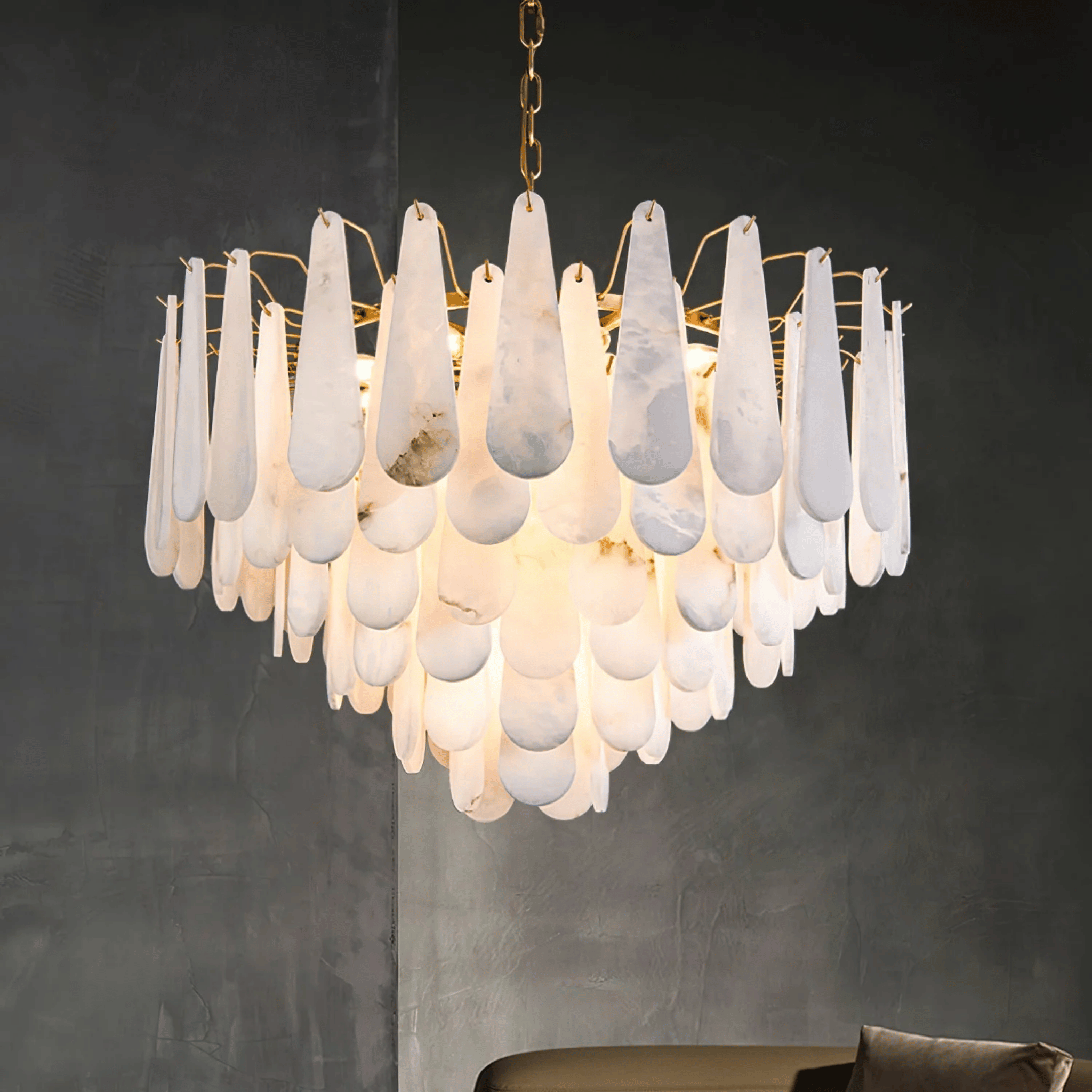 Marble Tiered Cascade Chandelier for High Ceilings, 23.6’’ / Warm light, Ceiling Light Fixtures, Steinfall Alabaster