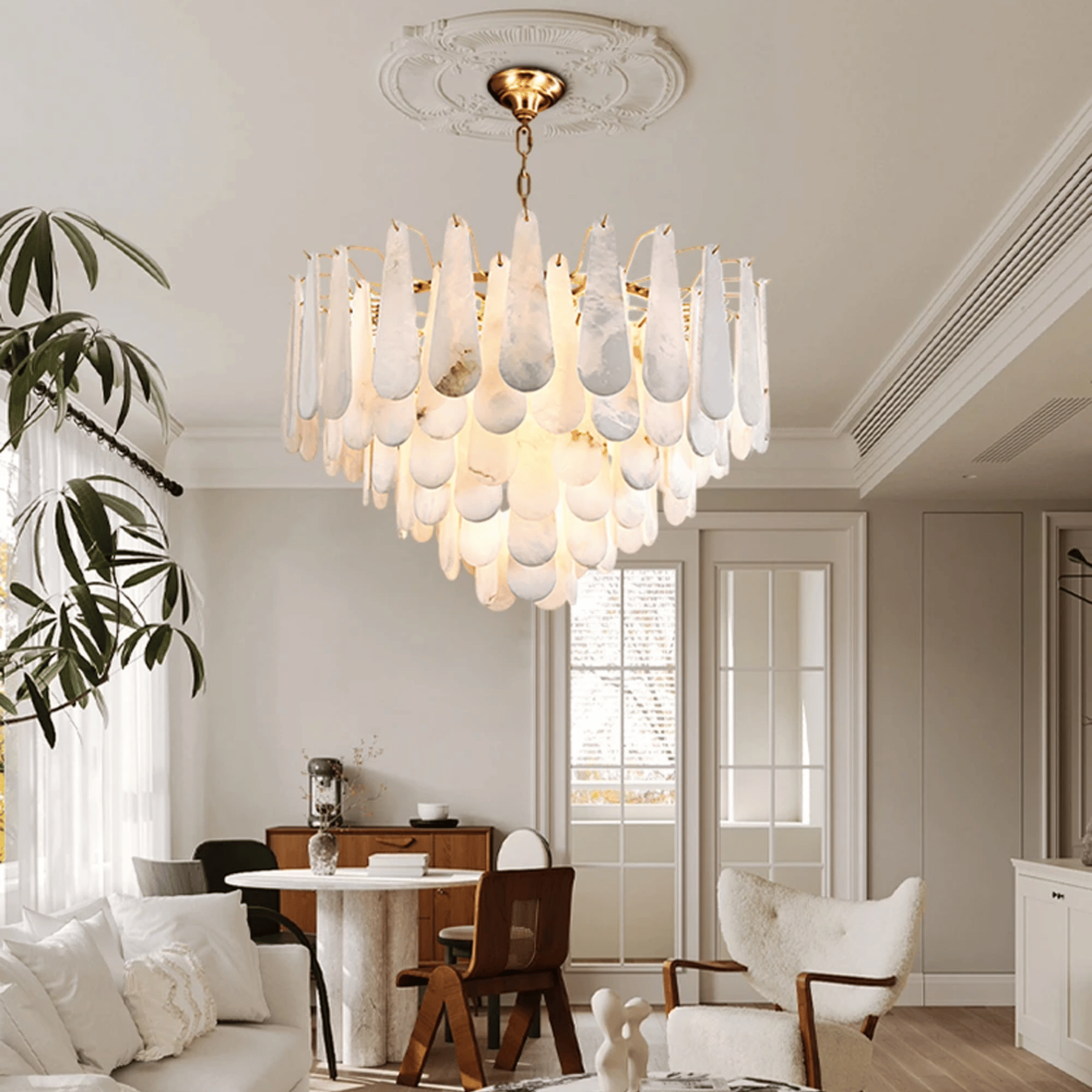 Marble Tiered Cascade Chandelier for High Ceilings, 39.4’’ / Warm light, Ceiling Light Fixtures, Steinfall Alabaster