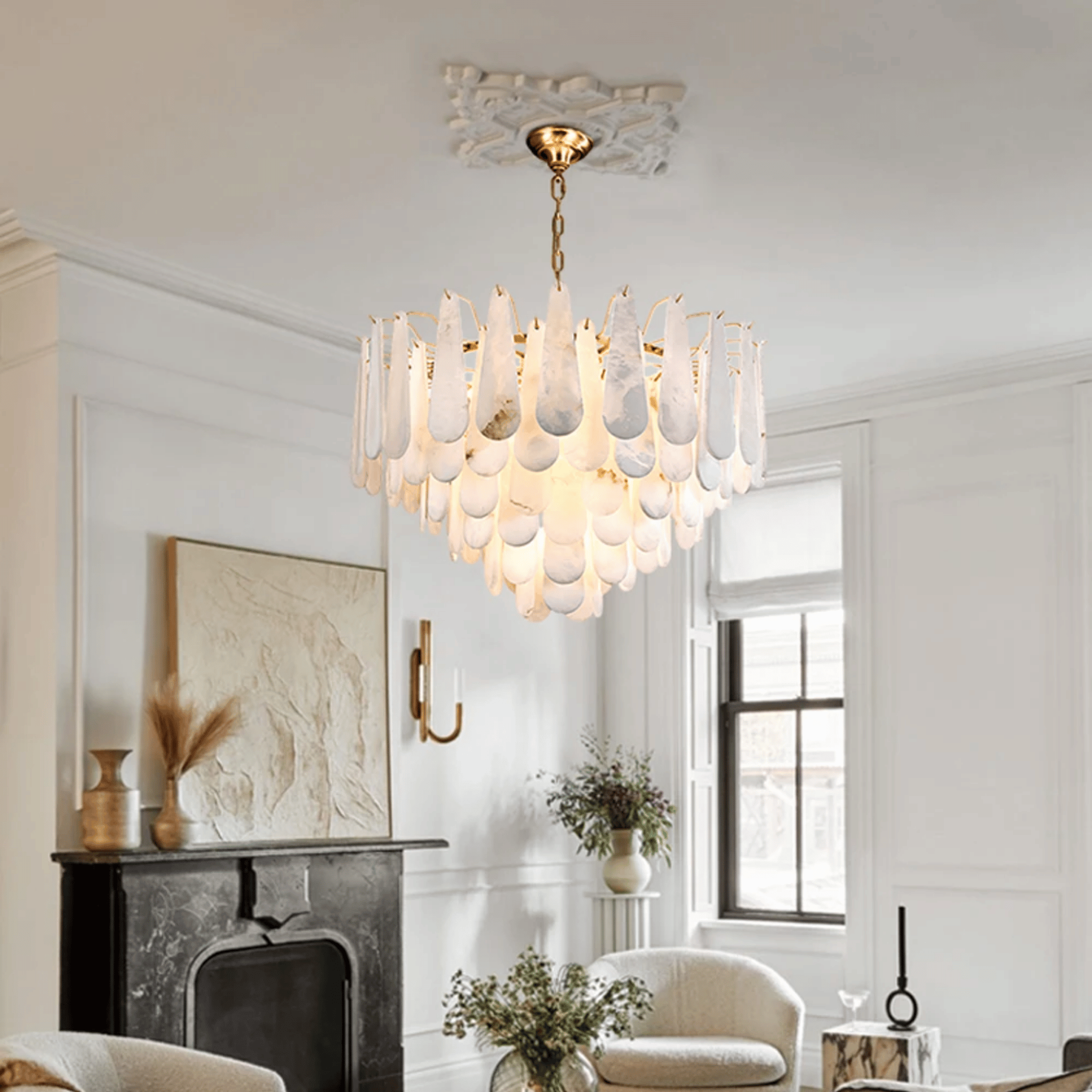 Marble Tiered Cascade Chandelier for High Ceilings, Ceiling Light Fixtures, Steinfall Alabaster