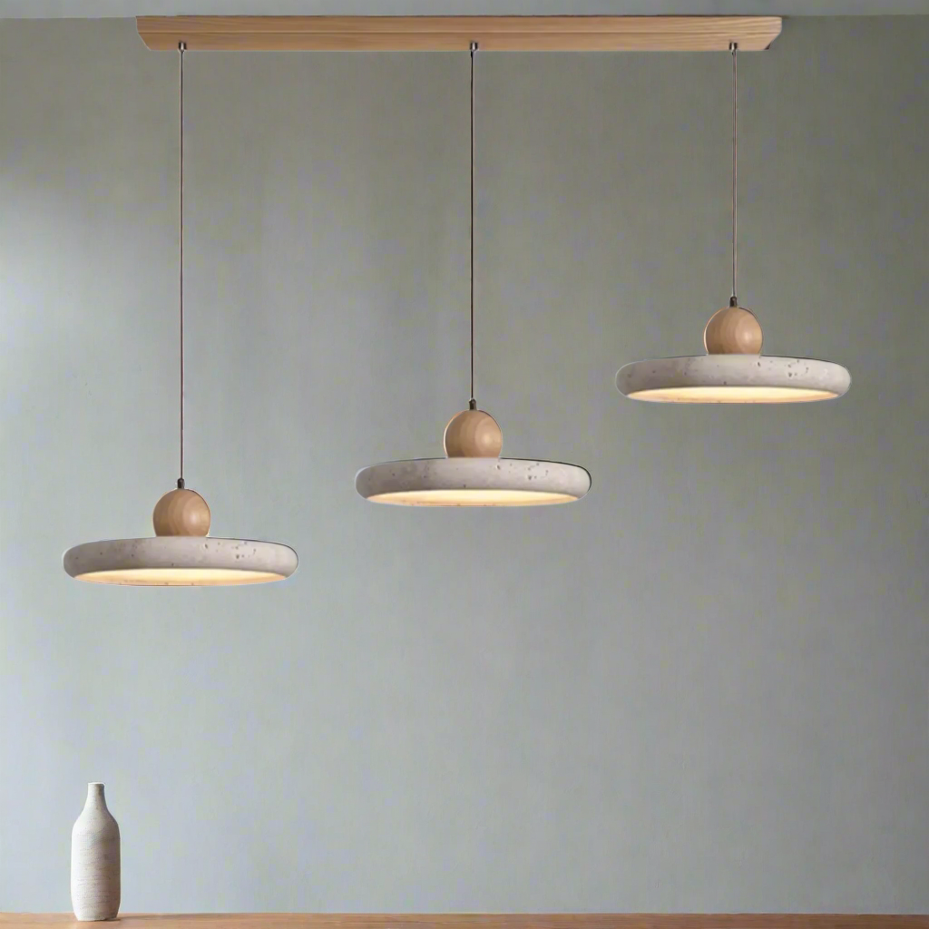 Natural Travertine Wood Pendant Light Wabi-Sabi, Trio, Ceiling Fixtures, Steiva Stone