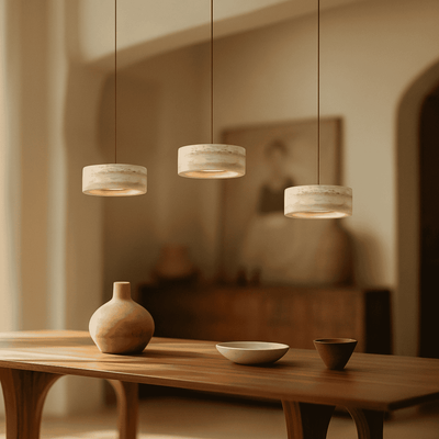Genuine Travertine Stone Dimmable LED Pendant Light, Flat Edge, Ceiling Fixtures, Stenglo