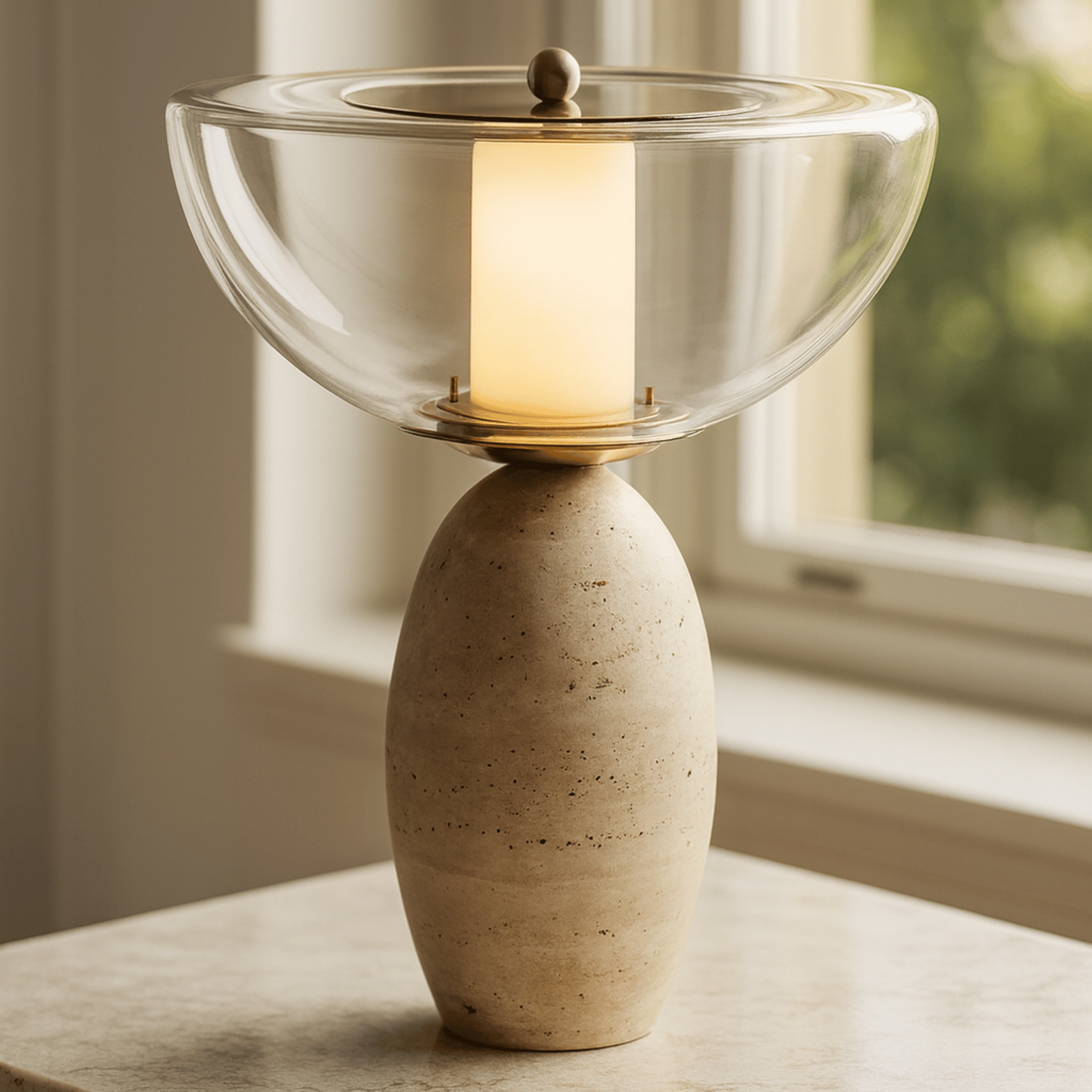 Travertine Natural Stone Table Lamp for Nordic Home, Clear Glass Lampshade, Lamps, Stenvei