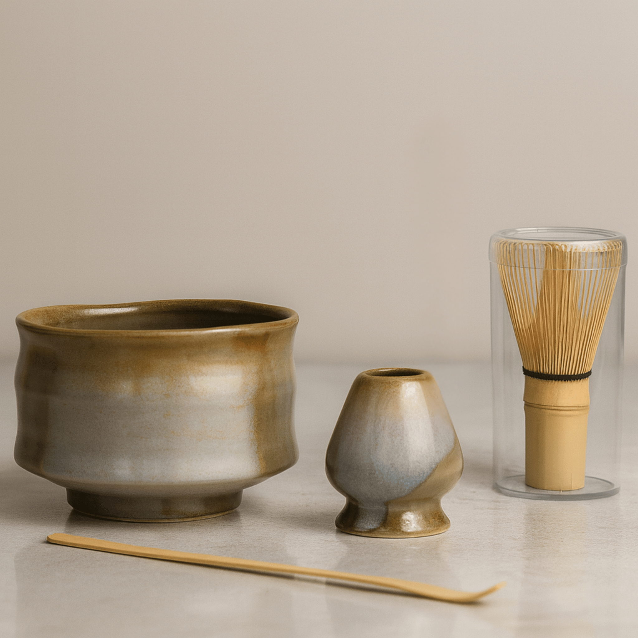 Handcrafted Ceramic Matcha Set for Tea Ritual, Khaki Glazed, Sets, Stillro with Bamboo Whisk