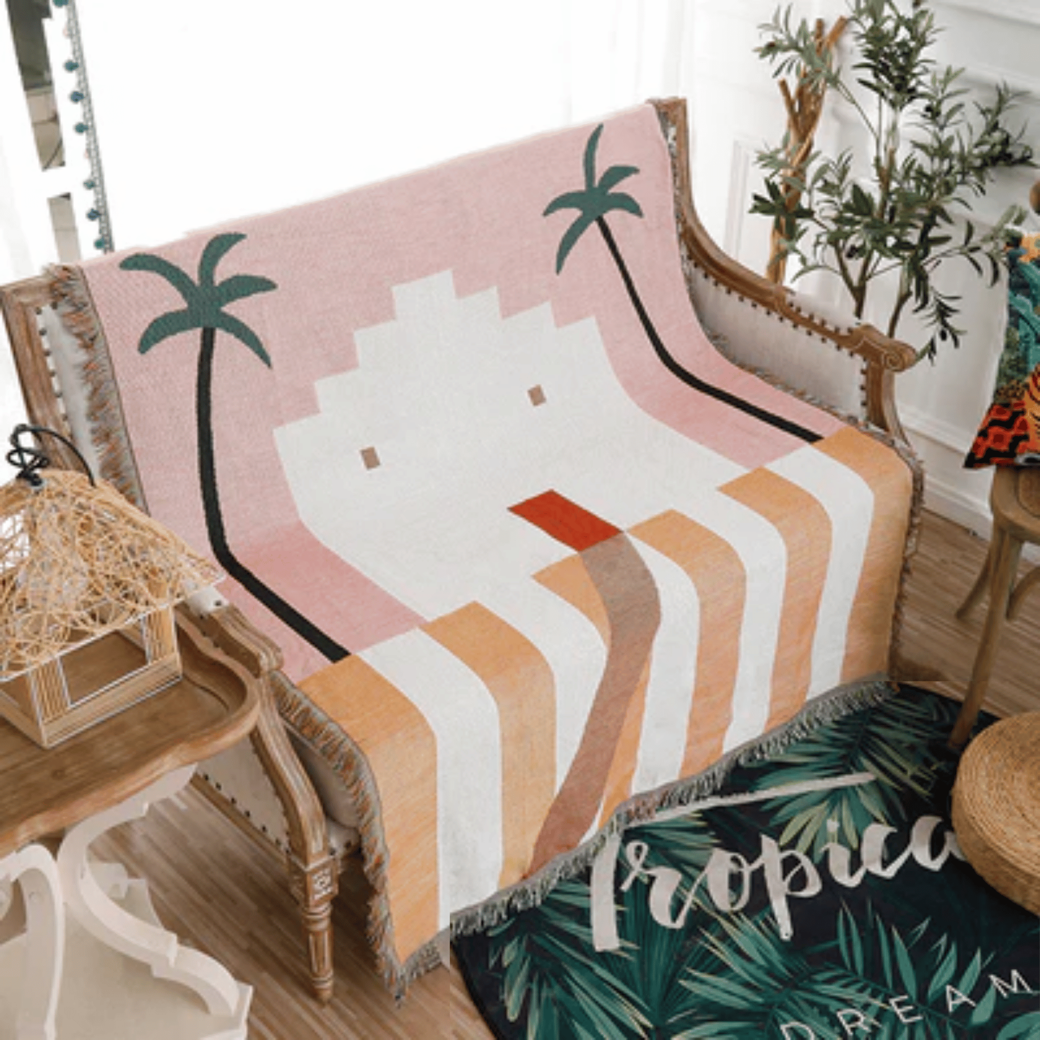 Boho Cotton Throw Blanket Coastal Beach Style, Blankets, Stranda Retro 51x63