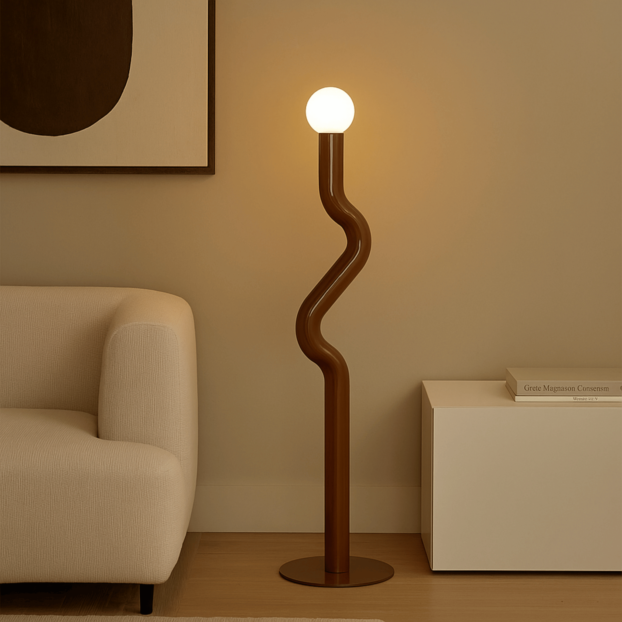 Modern Curved Floor Lamp with Soft Ambient LED Light, Caramel, Lamps, Svinga Minimalist