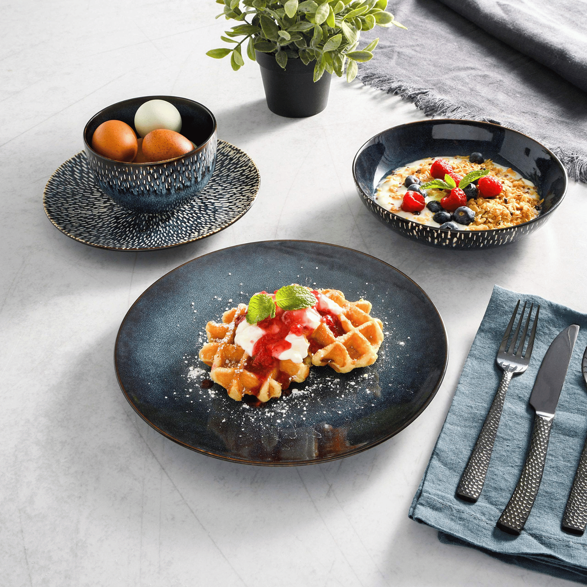 Cobalt Blue Stoneware Dinnerware Set for 4 | Skonne, Sets, Valdis