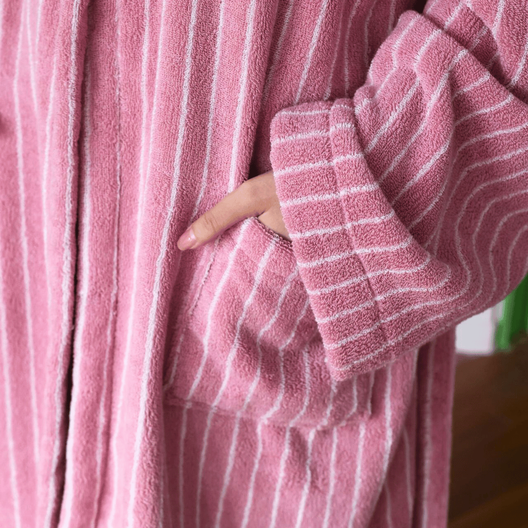 Organic Cotton Jacquard Bathrobe — Spa Luxury, Pink & White, Robes, Varme Stripe