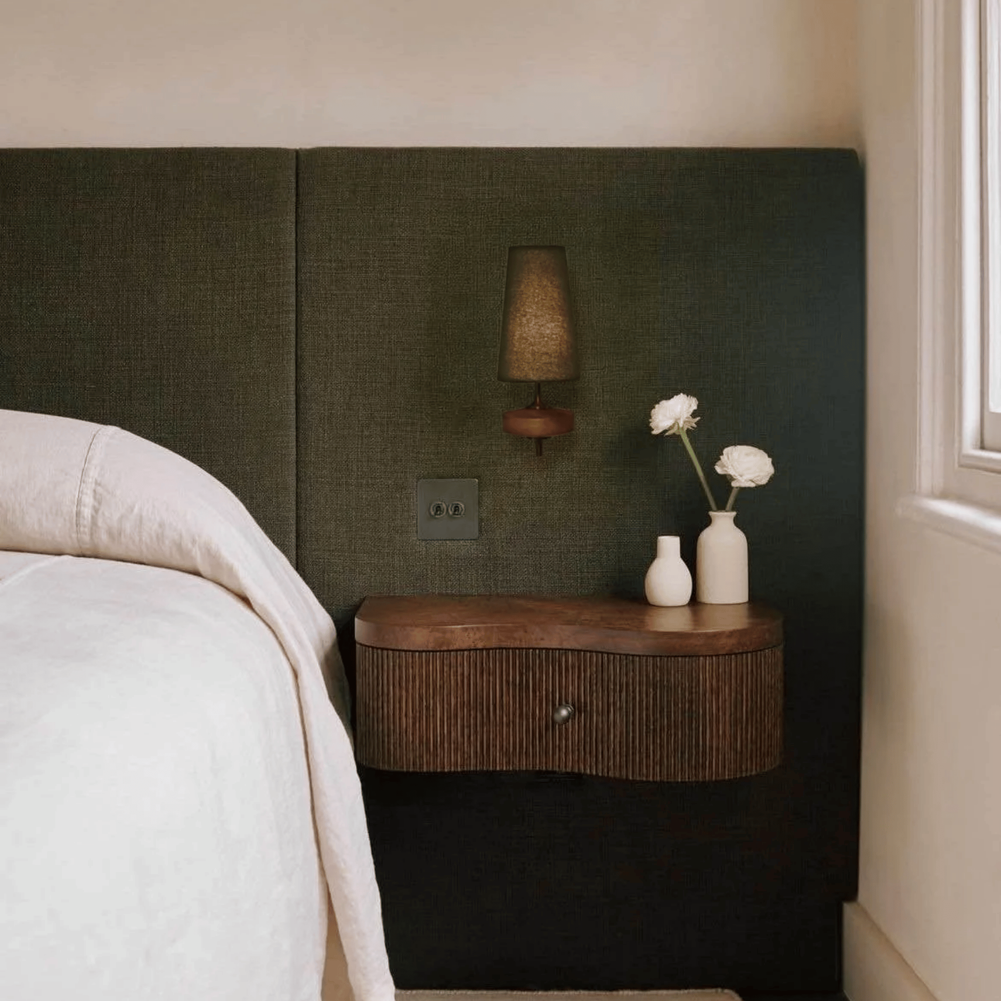 Handcrafted Nordic Fabric Wall Light with Wood Base, Fixtures, Vevra